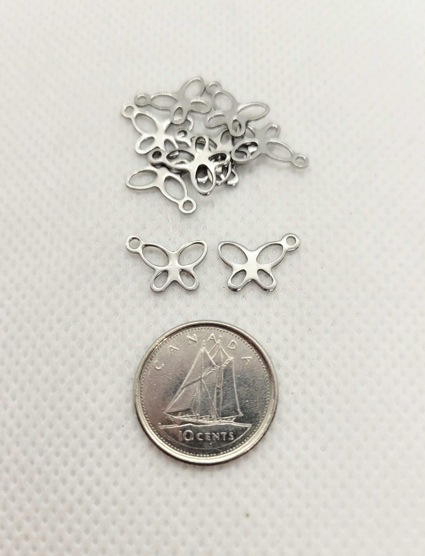 Silver Butterfly Charm 304 Stainless Steel, 10 pieces, Insect Charms, Butterfly Pendants, 11x9x1mm, Hole 1mm