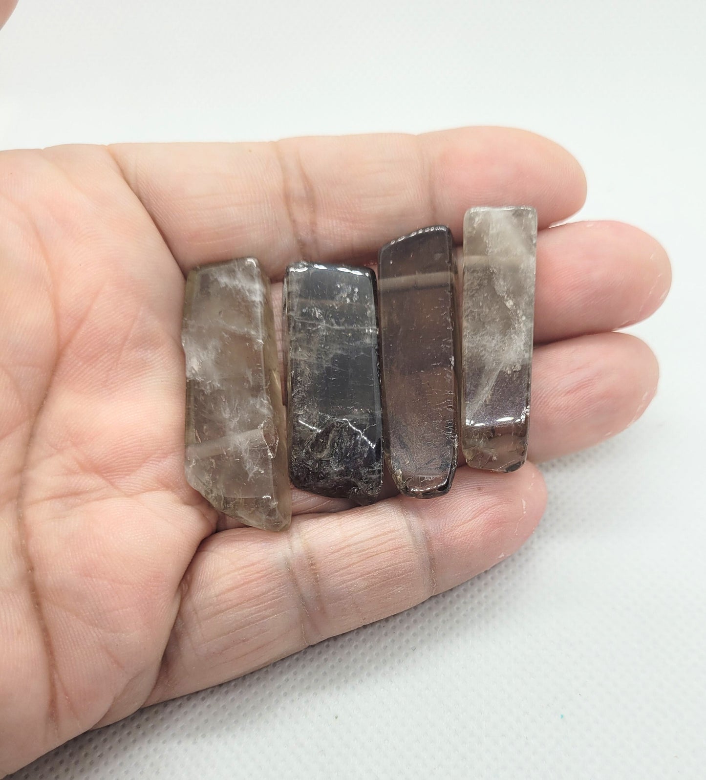 Natural Smoky Quartz Points, Loose, Semi Polish, 4 pieces, Top Drilled, Not Strung, Rectangle, about 20~65x7~15x6~10mm, Hole: 2mm