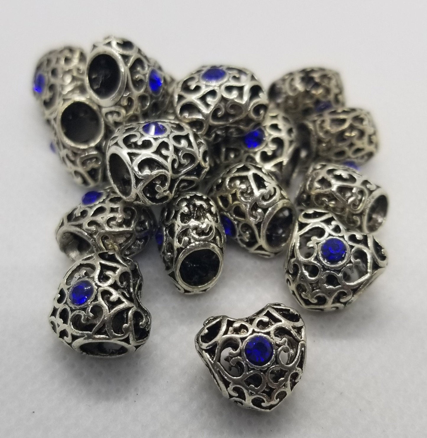 5 pieces Large Filigree Heart with Blue Rhinestone, Large Hole Beads, Open Wirework, Antique Silver, 12x12.5x9.5mm, Hole 5mm