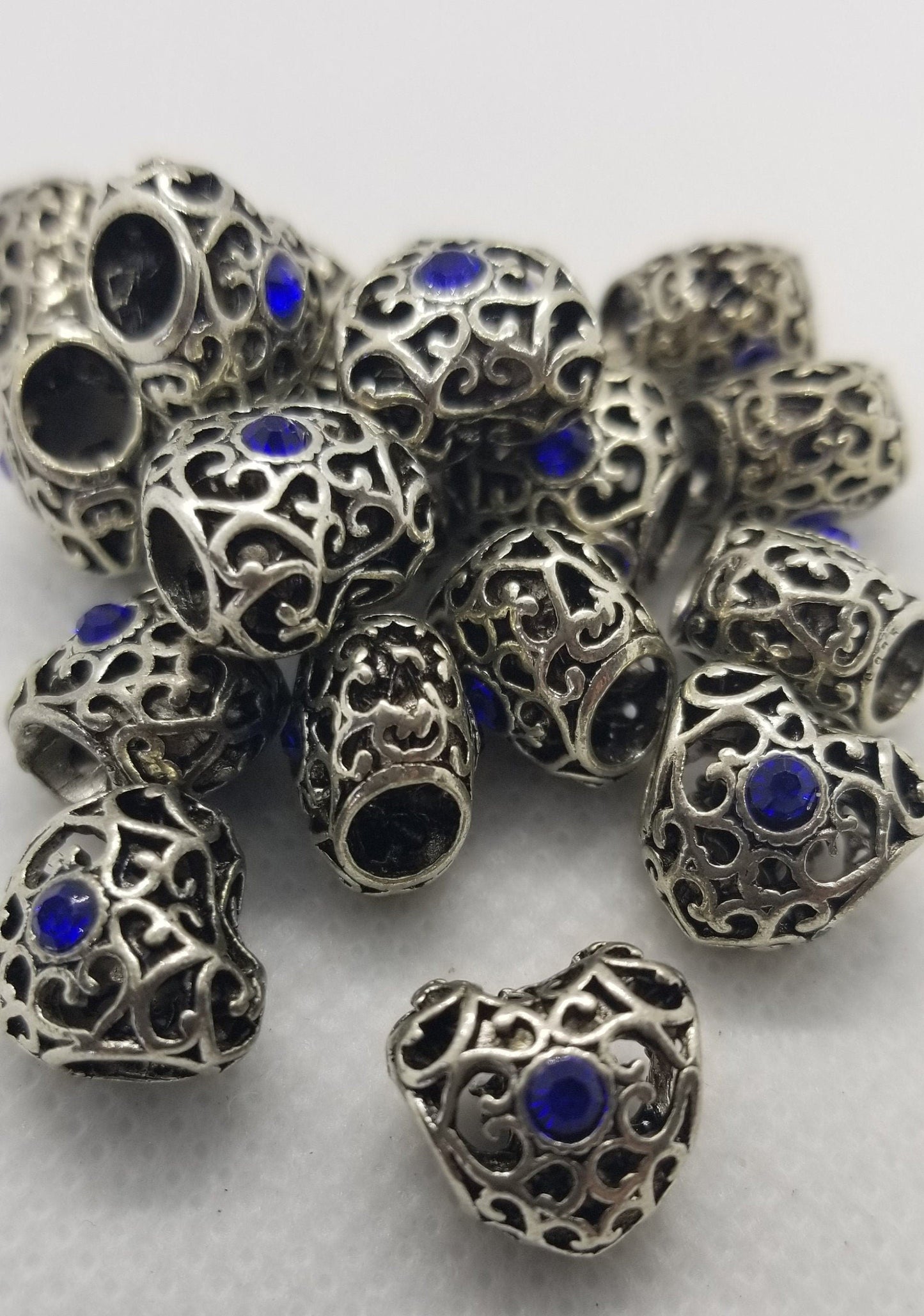 5 pieces Large Filigree Heart with Blue Rhinestone, Large Hole Beads, Open Wirework, Antique Silver, 12x12.5x9.5mm, Hole 5mm