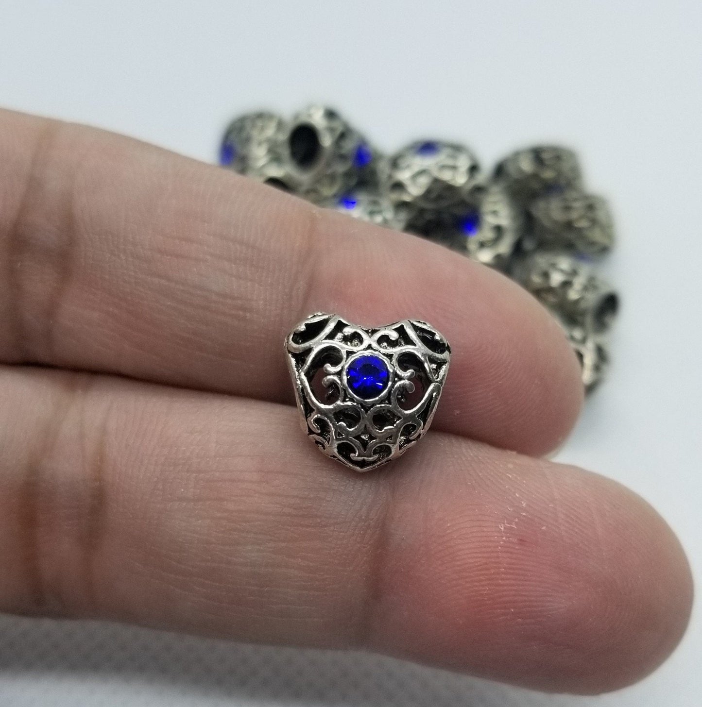 5 pieces Large Filigree Heart with Blue Rhinestone, Large Hole Beads, Open Wirework, Antique Silver, 12x12.5x9.5mm, Hole 5mm
