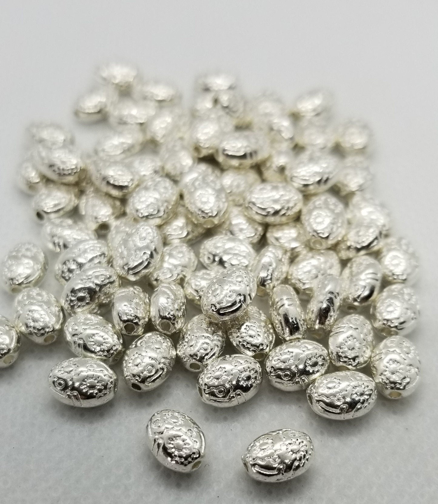 10 pieces Bright Silver Oval Spacer Bead, Stamped Flowers, Tibetan Style Alloy, Lead, Cadmium Free, Silver Color Plated, 8x6x4mm, hole 1mm