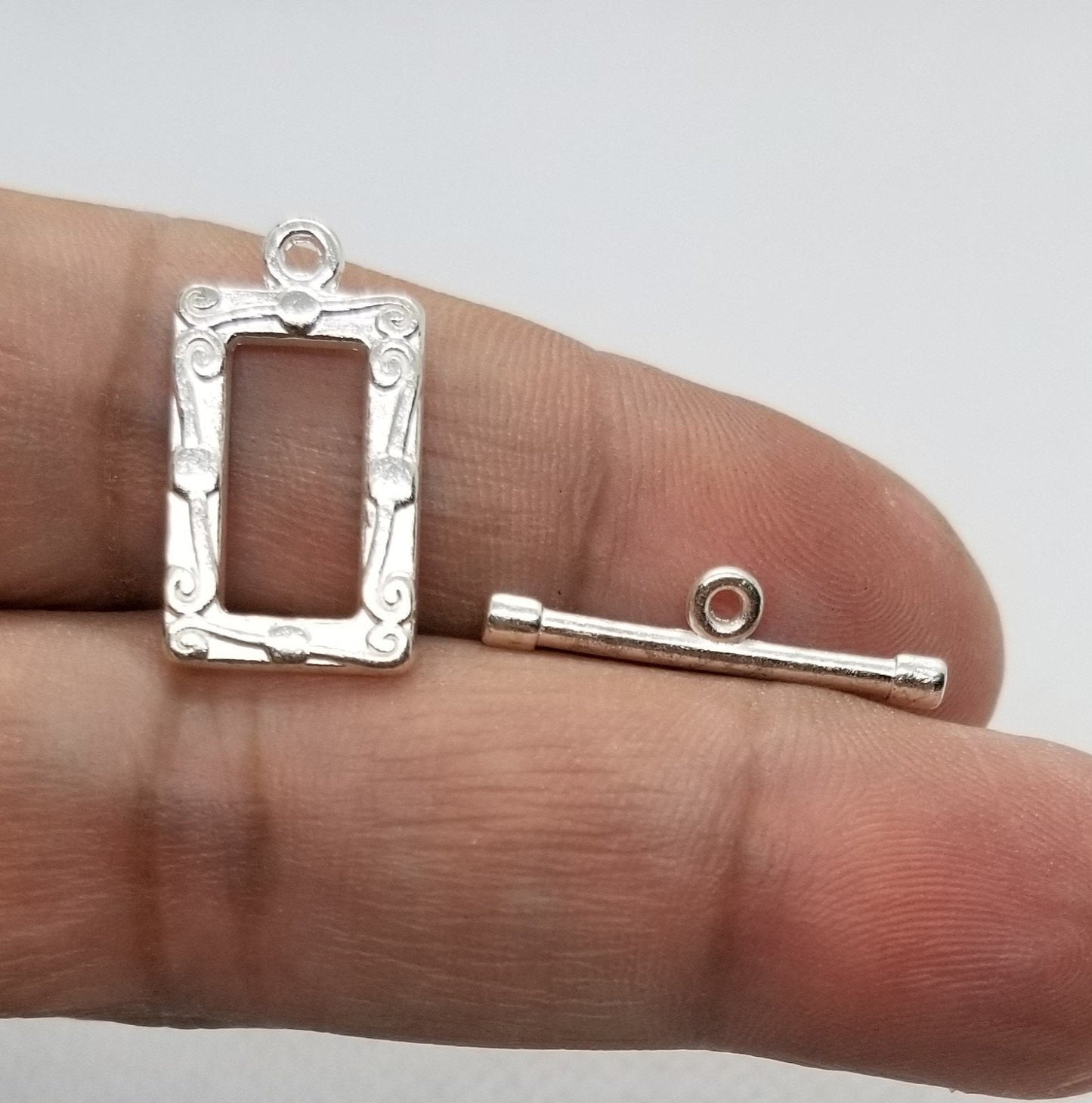5 sets Silver Picture Frame Toggle Clasps, Rectangle, Lead, Cadmium Free, Size 20x11.5mm, Bar 22x5mm, Hole 2.5mm, Optional Silver Jump Rings