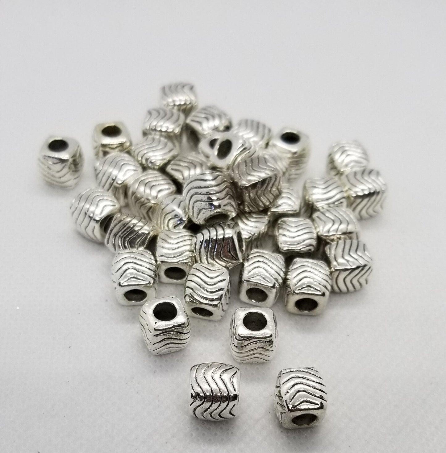 5 pieces Silver Cube with Etched Wave, Tibetan Style Alloy, Large Hole Beads, Lead, Cadmium Free, Antique Silver, 10x9mm, Hole 4.5mm