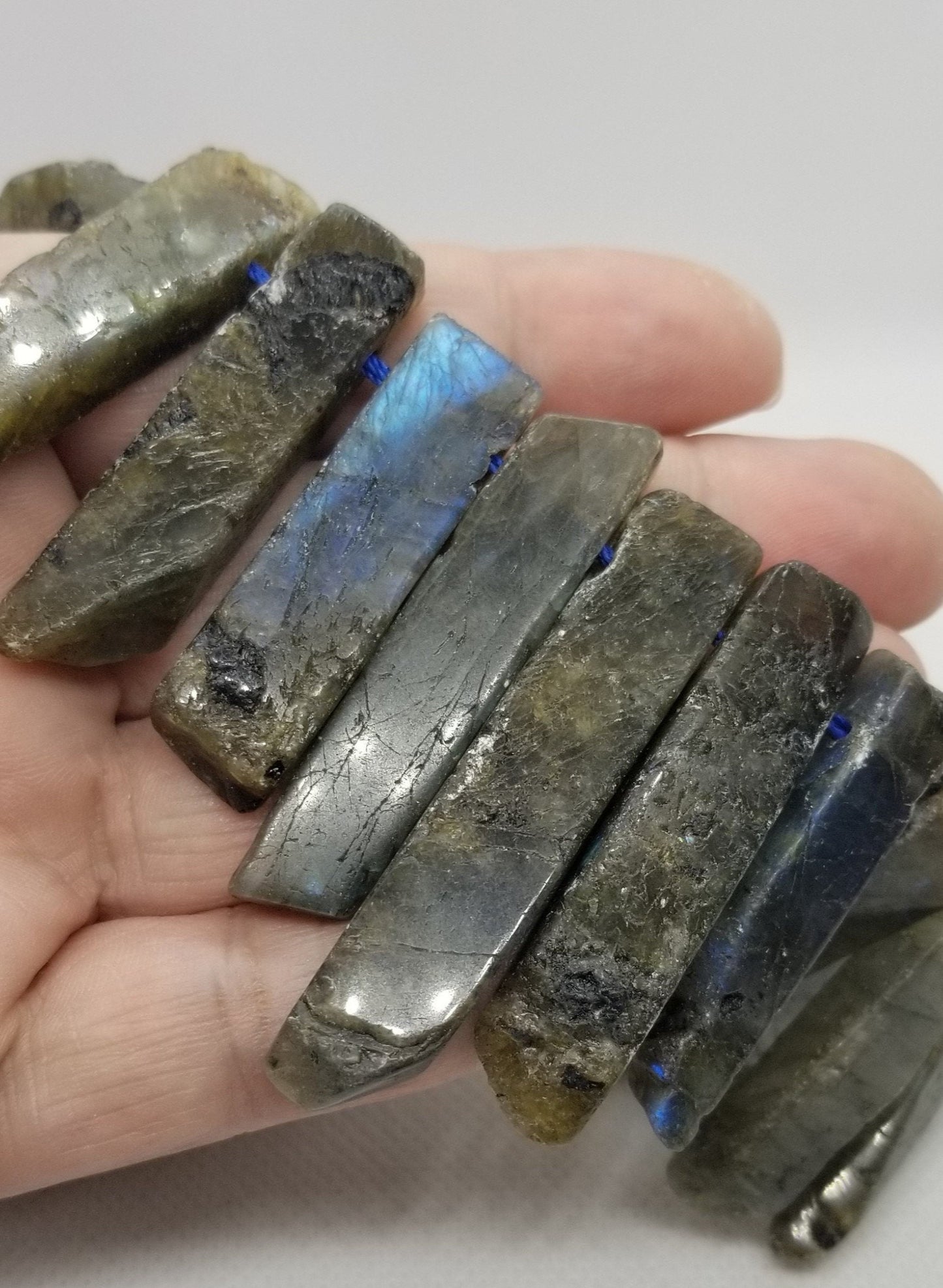 4 pieces Natural Labradorite Crystal Points, Top Drilled, Rectangle, Semi-Polished, Rough Polish, 20~65x7~15x6~10mm, Hole 2mm