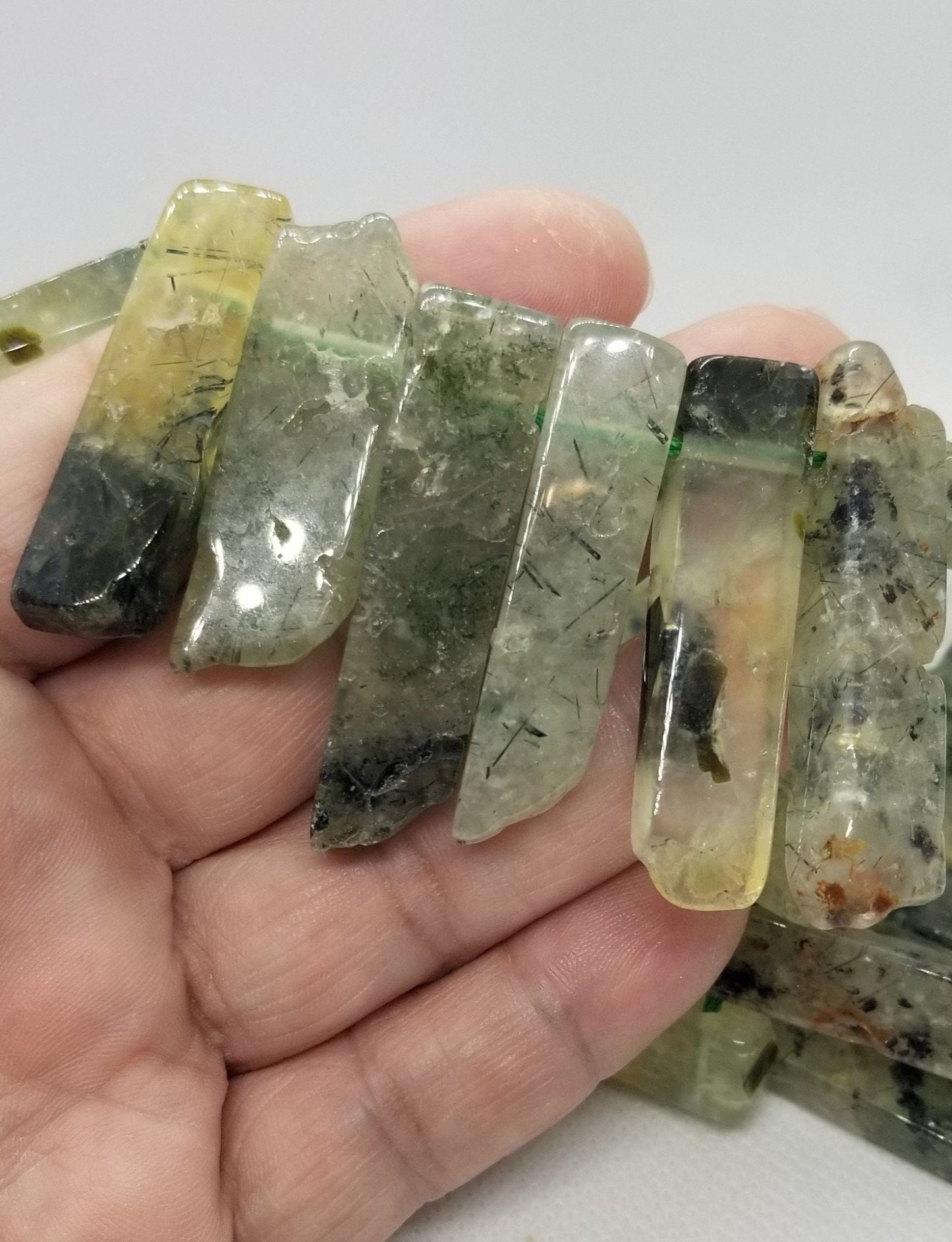 4 pieces Natural Prehnite Crystal Points, Top Drilled, Rectangle, Semi-Polished, Rough Polish, 20~65x7~15x6~10mm, Hole 2mm