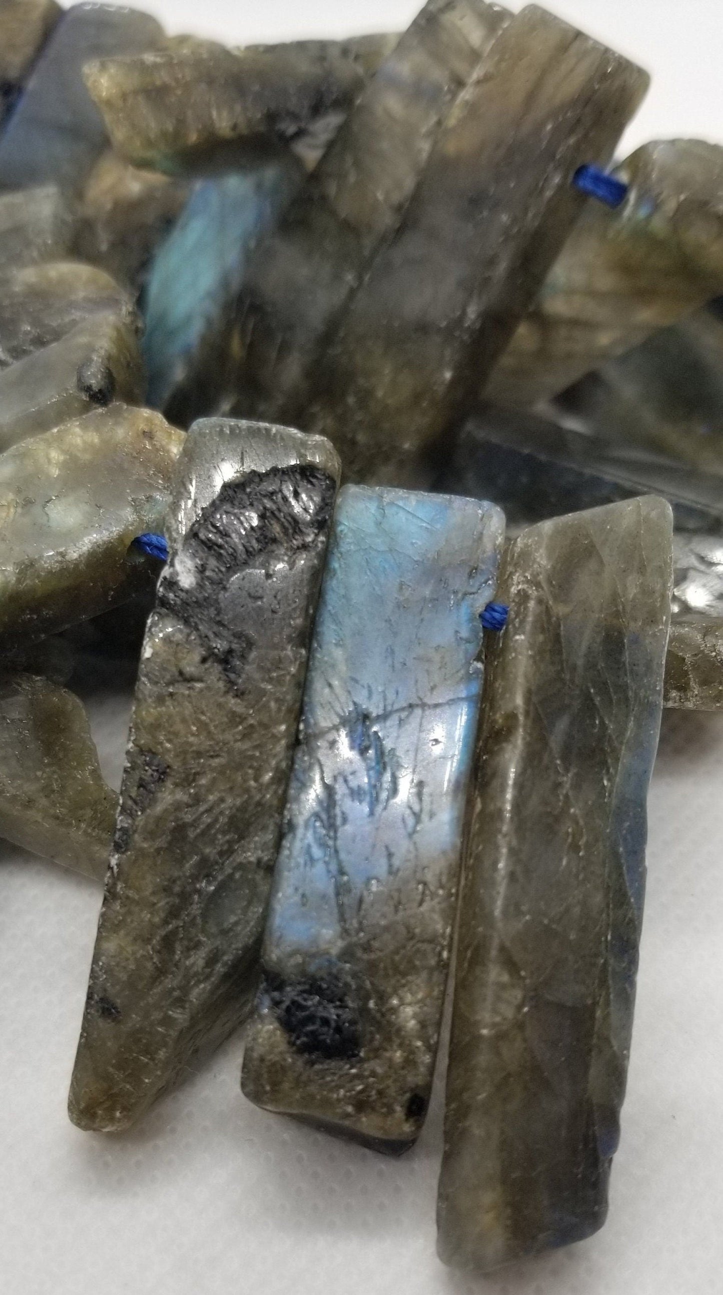 4 pieces Natural Labradorite Crystal Points, Top Drilled, Rectangle, Semi-Polished, Rough Polish, 20~65x7~15x6~10mm, Hole 2mm