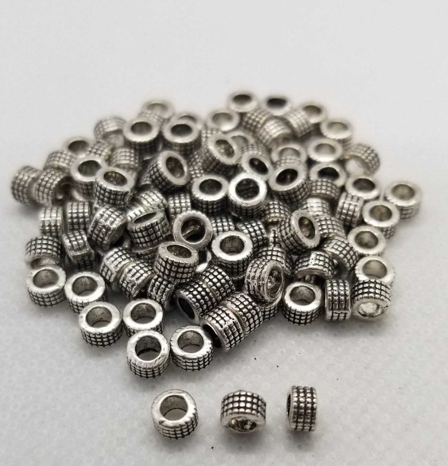 20 pieces Stamped Silver Column Spacer Beads, Tibetan Style Alloy, Lead, Nickel, Cadmium Free, Antique Silver, 5x3mm, Large Hole 3mm