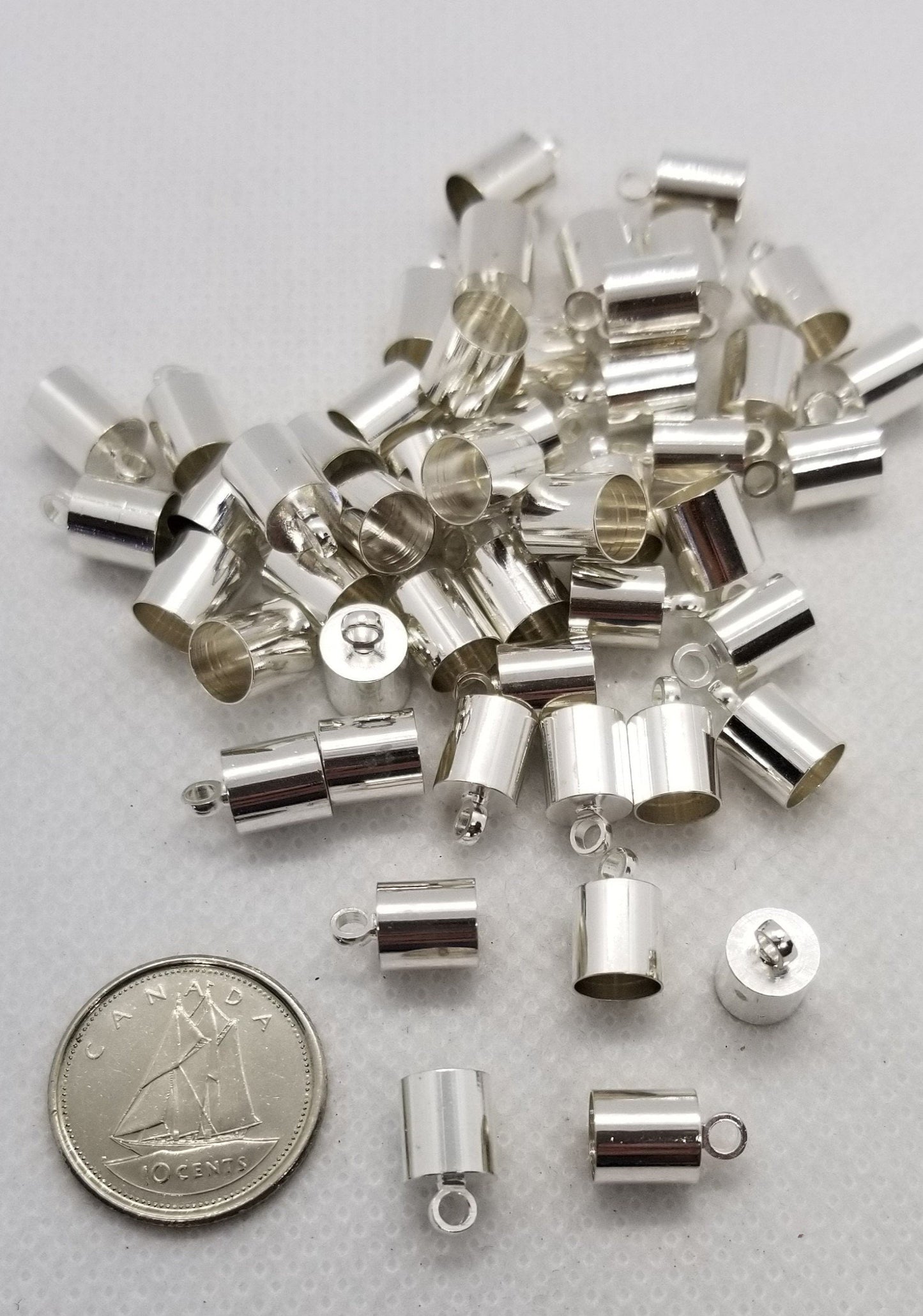 10 pieces Silver Cord Ends, Brass, Nickel Free, Silver Colour Plated, 9.5x6mm, Hole 1.1mm, 5.5mm inner diameter