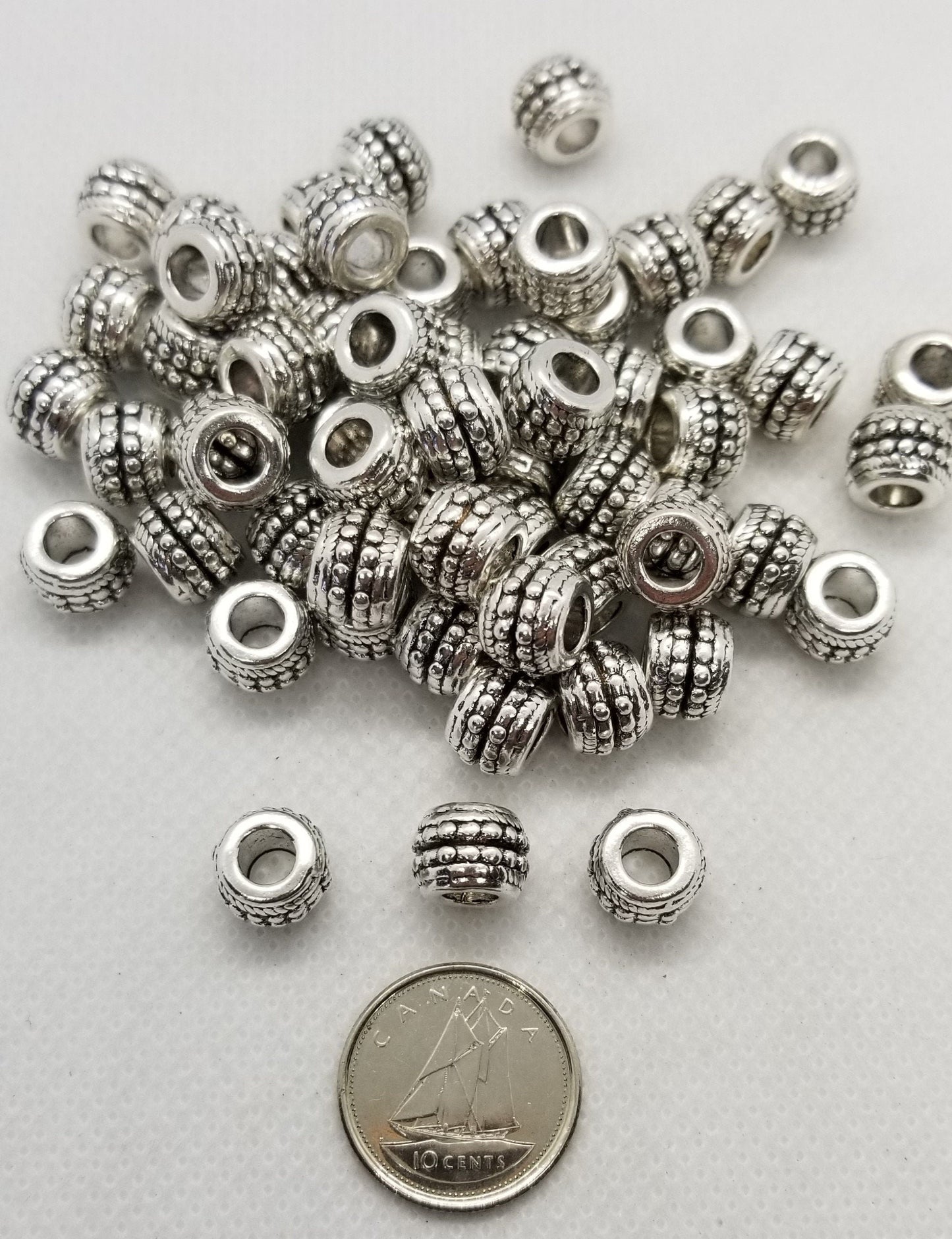 10 pieces Silver Barrel Large Hole Beads, Alloy, Lead, Cadmium, Nickel Free, 9.5x7mm, Hole 4mm, see description for discounts