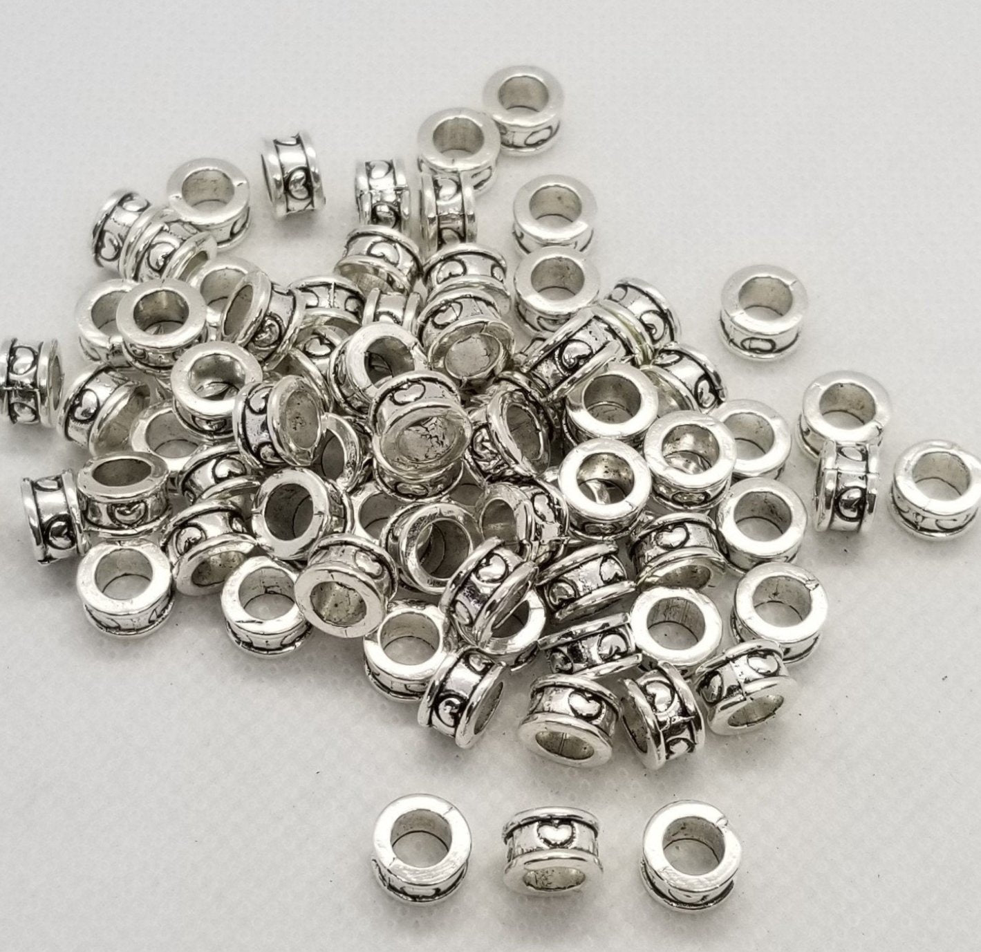 10 pieces Antique Silver Column with Heart Spacer Bead, Tibetan Style Alloy, Large Hole Beads, Lead, Cadmium Free, 8x4.5mm, Hole 5.5mm