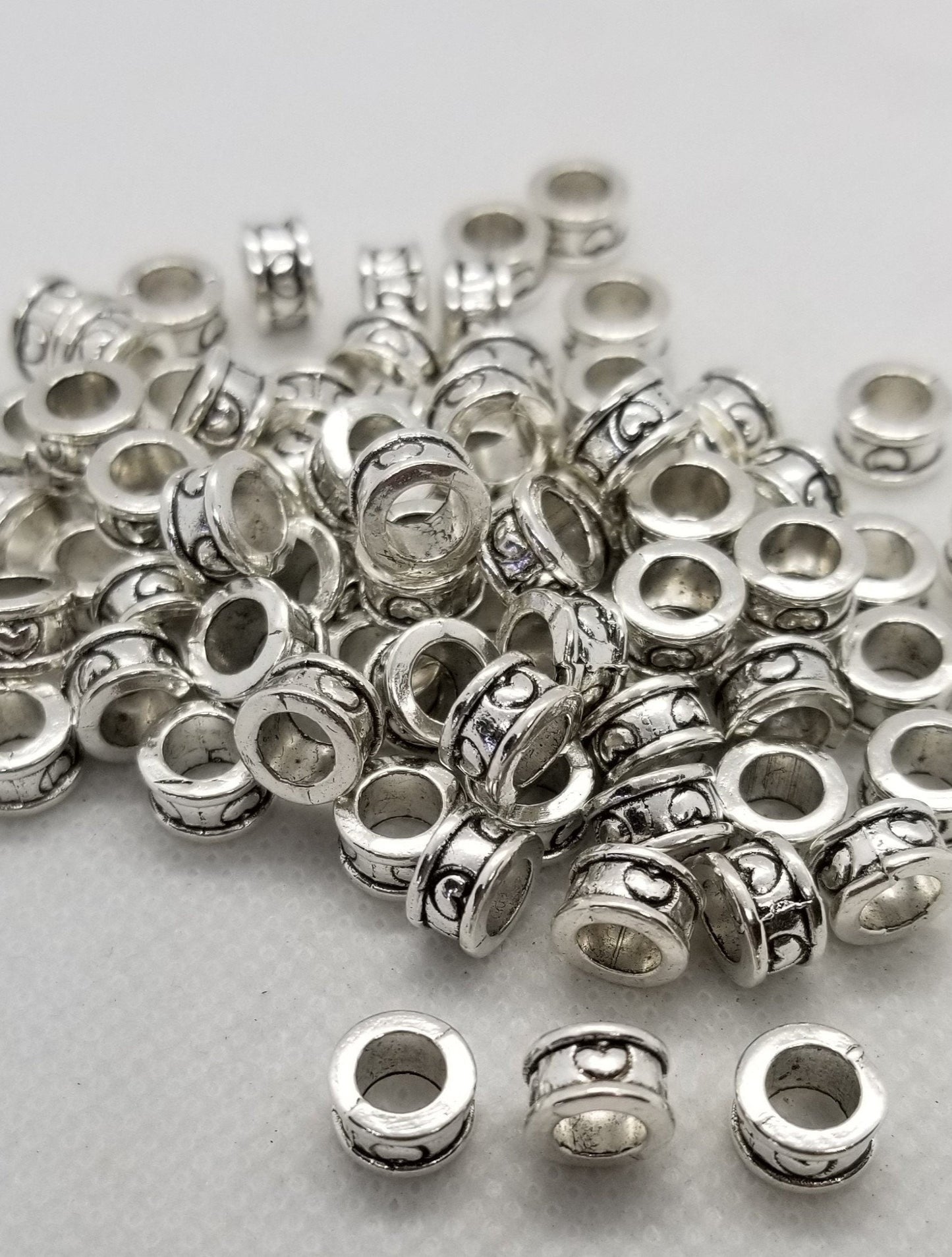 10 pieces Antique Silver Column with Heart Spacer Bead, Tibetan Style Alloy, Large Hole Beads, Lead, Cadmium Free, 8x4.5mm, Hole 5.5mm