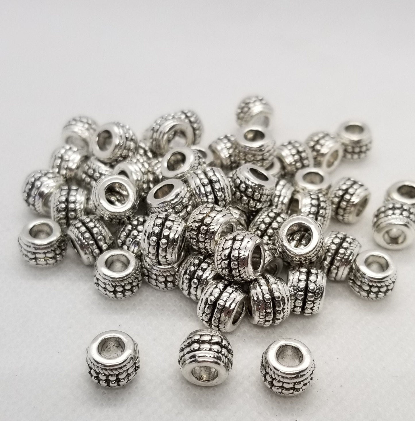 10 pieces Silver Barrel Large Hole Beads, Alloy, Lead, Cadmium, Nickel Free, 9.5x7mm, Hole 4mm, see description for discounts