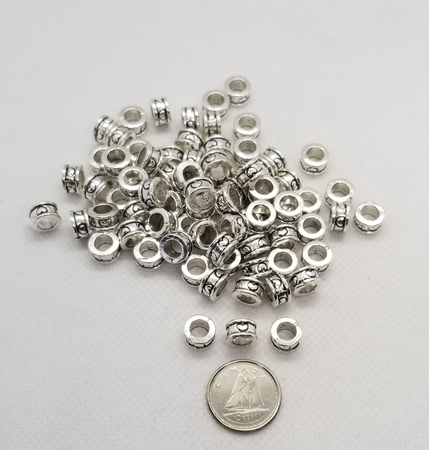 10 pieces Antique Silver Column with Heart Spacer Bead, Tibetan Style Alloy, Large Hole Beads, Lead, Cadmium Free, 8x4.5mm, Hole 5.5mm