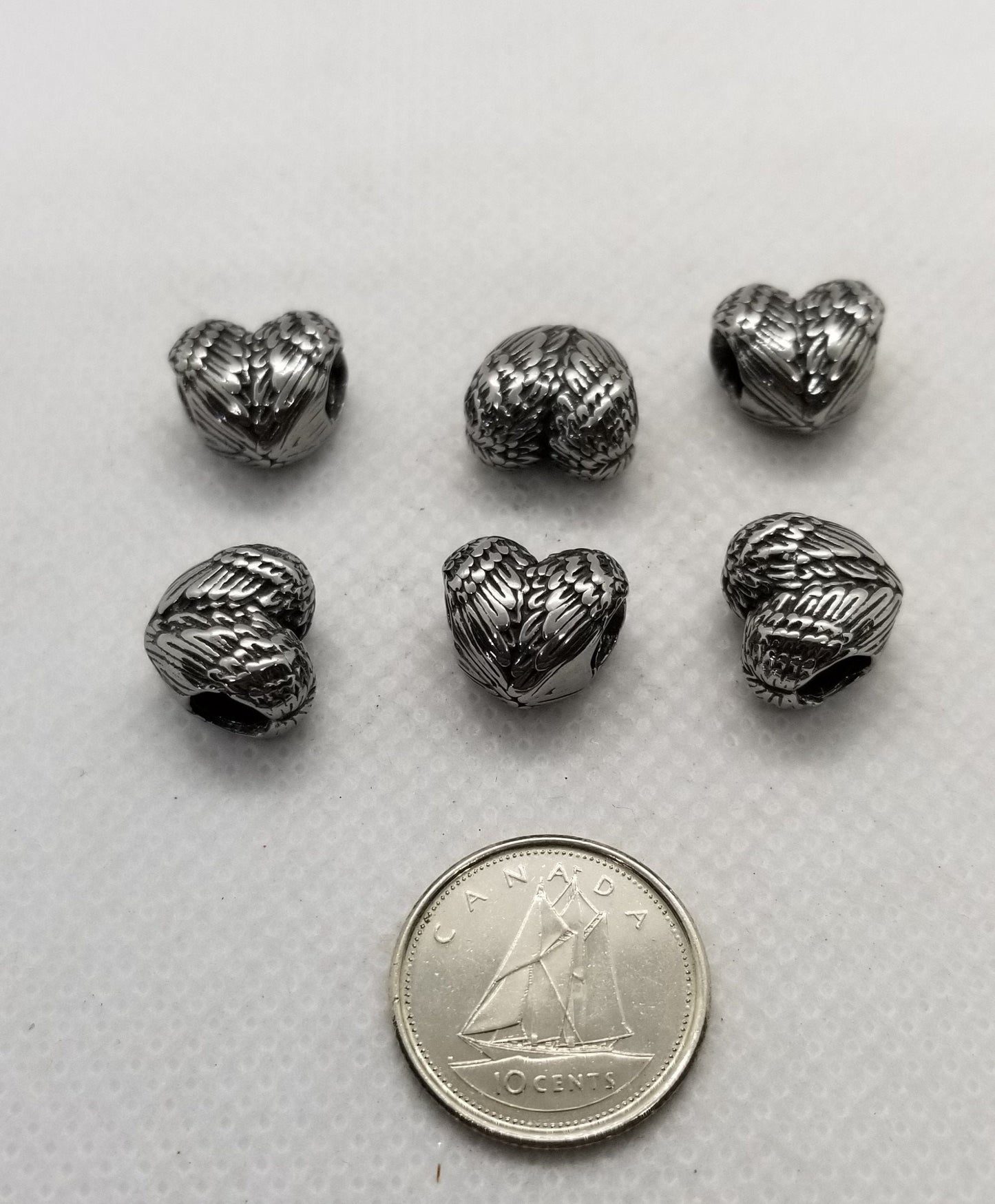 2 pieces Stainless Steel Heart with Angel Wings Spacer Beads, Angel Wings, Steel colour, 304 Stainless Steel, 10x11.5x7.5mm, Large Hole 4.5mm