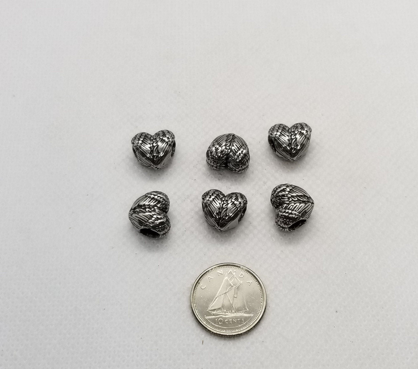 2 pieces Stainless Steel Heart with Angel Wings Spacer Beads, Angel Wings, Steel colour, 304 Stainless Steel, 10x11.5x7.5mm, Large Hole 4.5mm