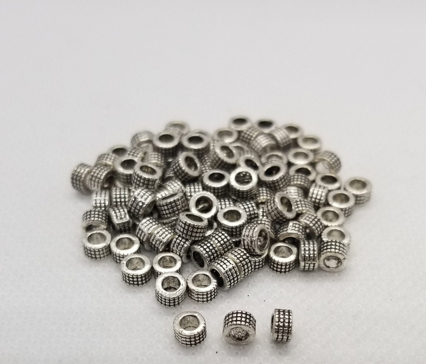 20 pieces Stamped Silver Column Spacer Beads, Tibetan Style Alloy, Lead, Nickel, Cadmium Free, Antique Silver, 5x3mm, Large Hole 3mm