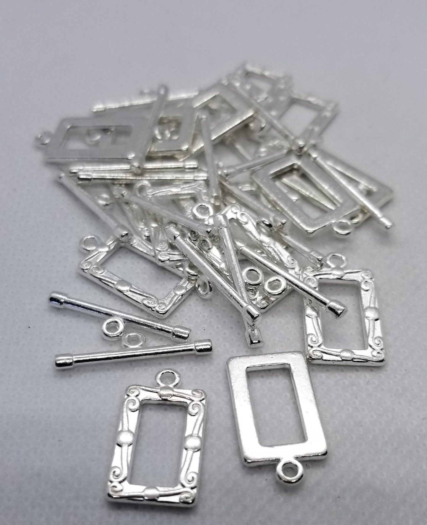 5 sets Silver Picture Frame Toggle Clasps, Rectangle, Lead, Cadmium Free, Size 20x11.5mm, Bar 22x5mm, Hole 2.5mm, Optional Silver Jump Rings