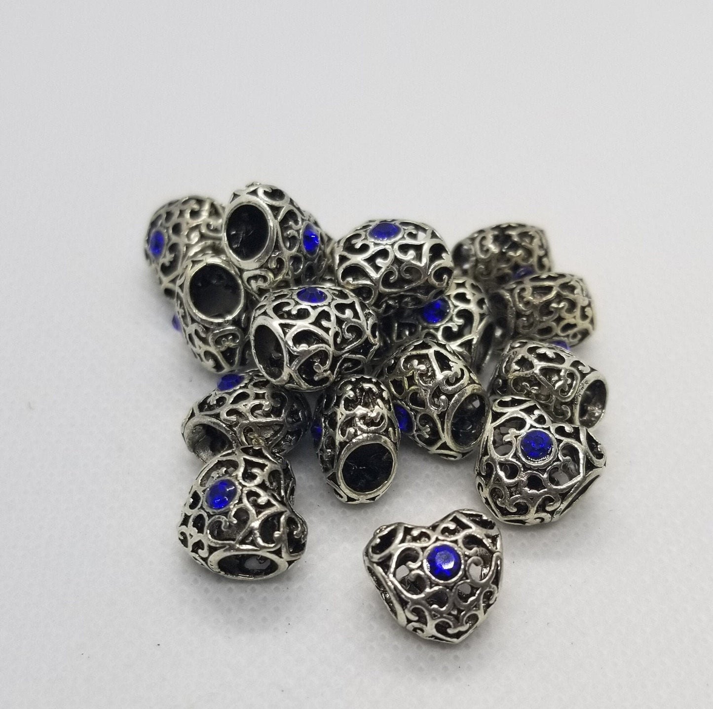 5 pieces Large Filigree Heart with Blue Rhinestone, Large Hole Beads, Open Wirework, Antique Silver, 12x12.5x9.5mm, Hole 5mm