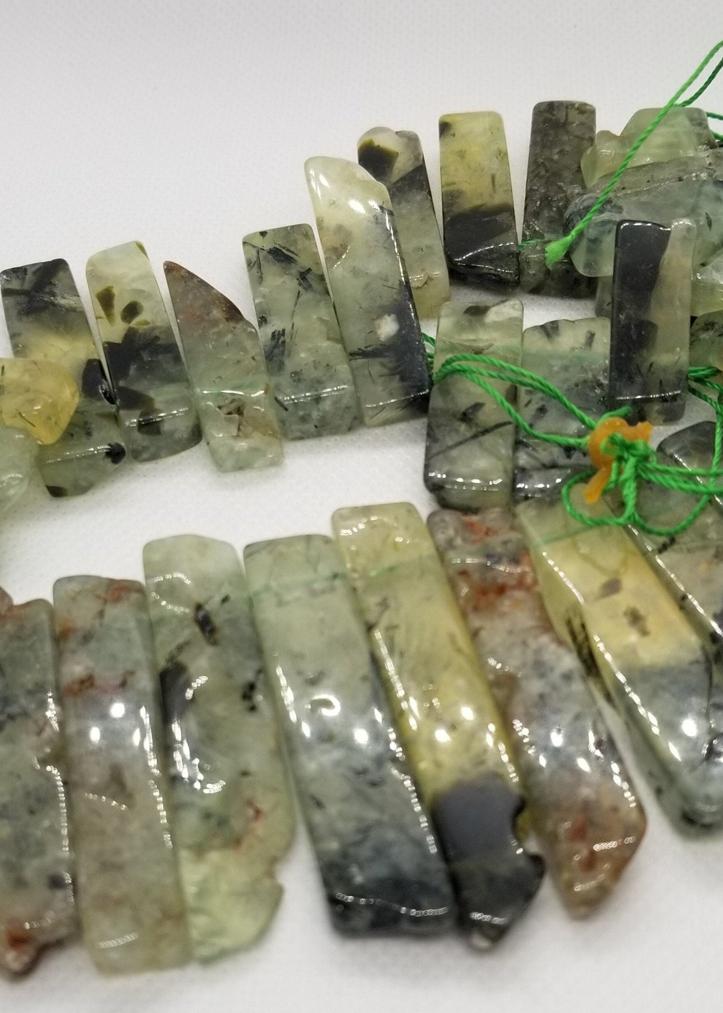 4 pieces Natural Prehnite Crystal Points, Top Drilled, Rectangle, Semi-Polished, Rough Polish, 20~65x7~15x6~10mm, Hole 2mm