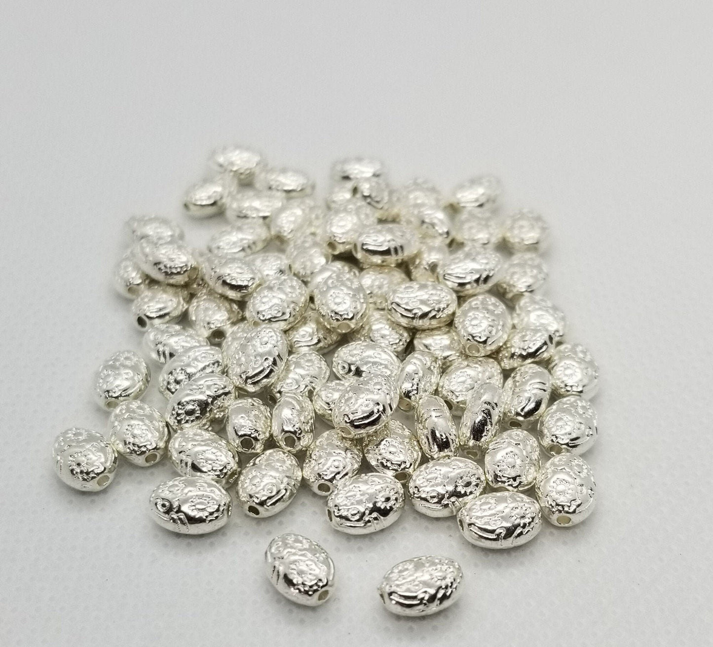 10 pieces Bright Silver Oval Spacer Bead, Stamped Flowers, Tibetan Style Alloy, Lead, Cadmium Free, Silver Color Plated, 8x6x4mm, hole 1mm