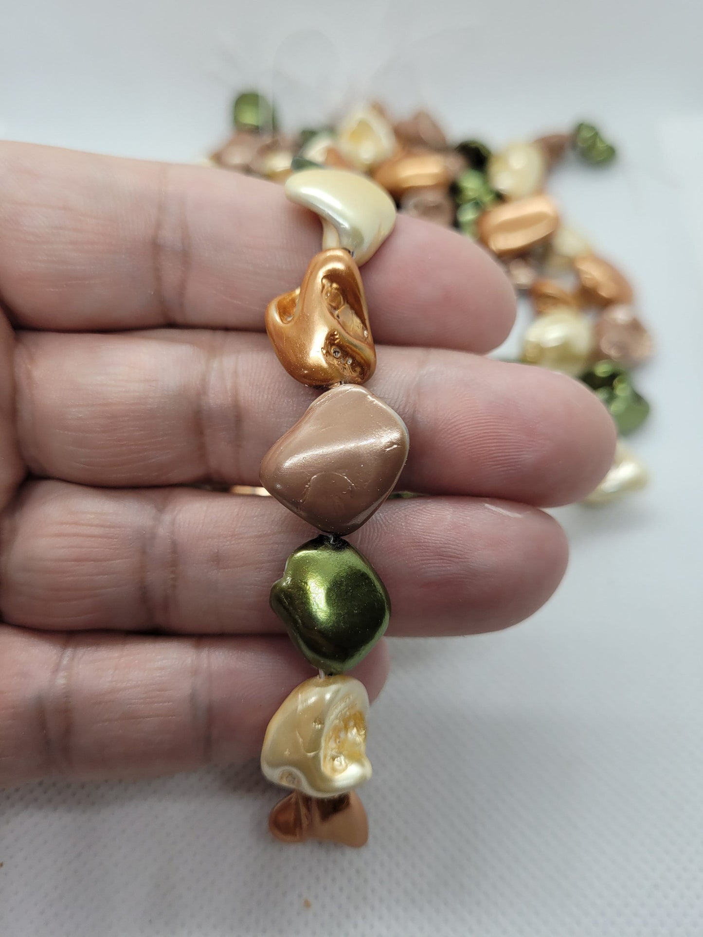 1 strand Shell Pearl Nuggets, Focal, Dyed Copper Pink Cream and Green, 15~26x10~20x8~15mm, Hole 0.8mm, 20~25pcs/strand, Full 15" strand