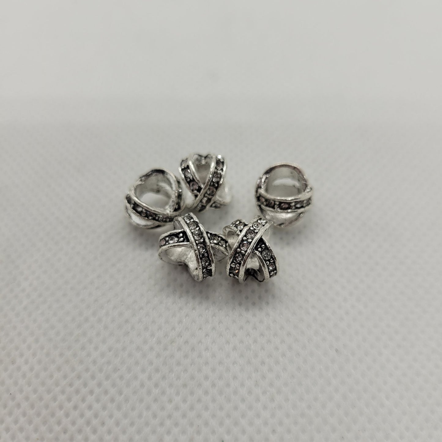 5 pieces Unique Silver and Rhinestone Spacer Beads, 12x9x9mm, Very Large Hole 6mm, Great for Hair Jewelry or Focals!