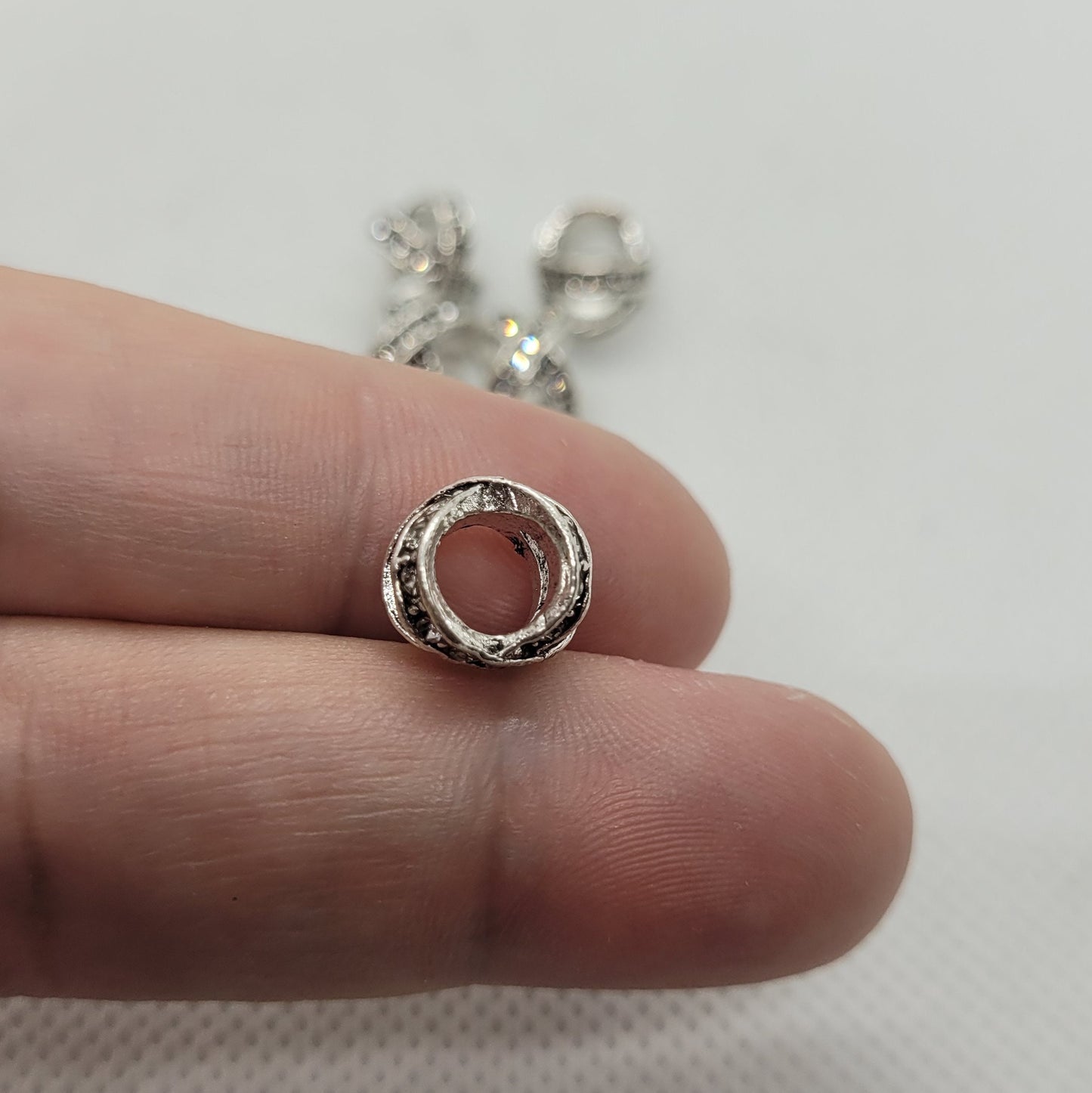 5 pieces Unique Silver and Rhinestone Spacer Beads, 12x9x9mm, Very Large Hole 6mm, Great for Hair Jewelry or Focals!
