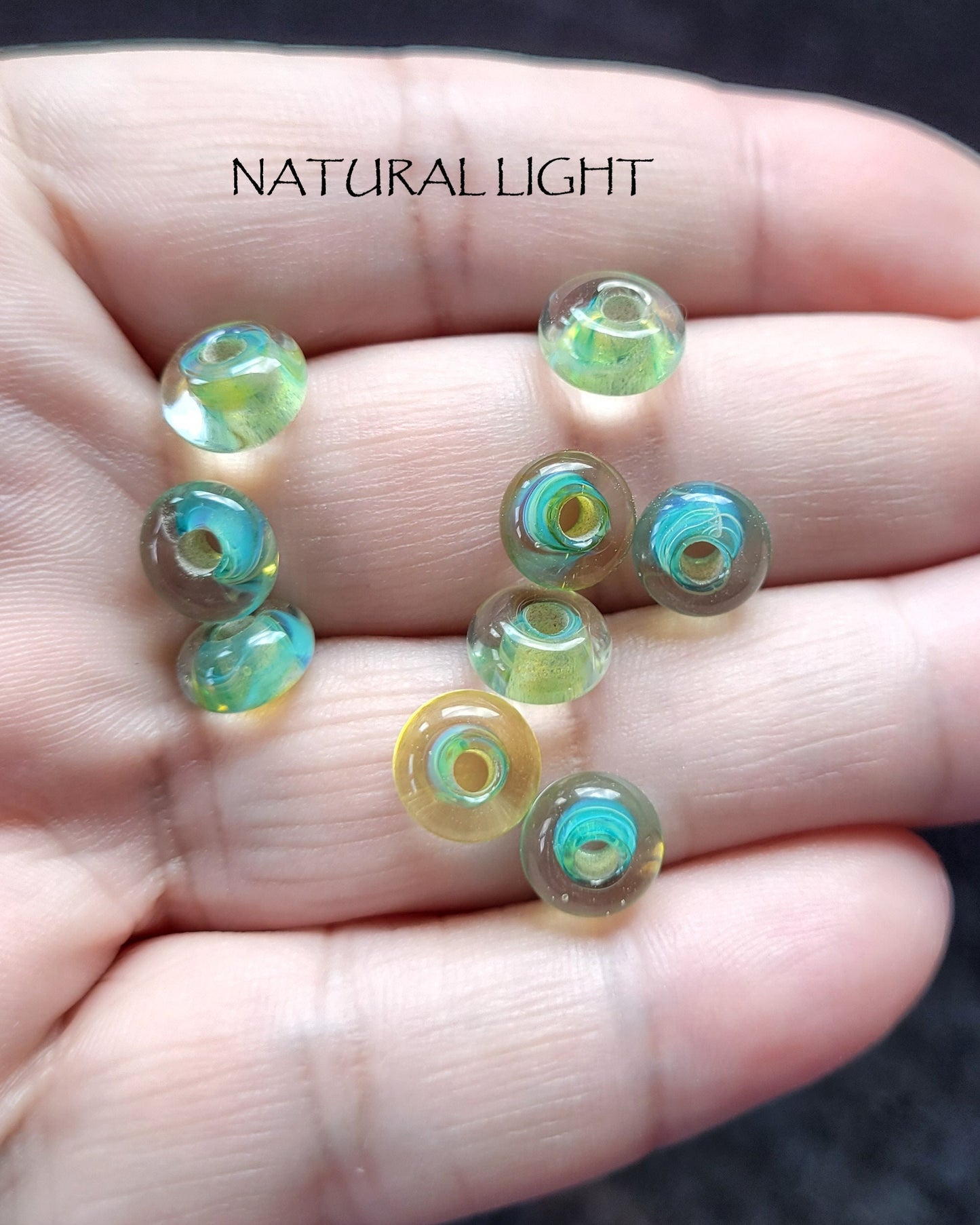 5 pcs Unique Lampwork Glass Beads, Handmade Spring Green, Size approx. Diam 8.25-9.25mm, Width 5mm, Large Hole 2-2.5mm, Durable
