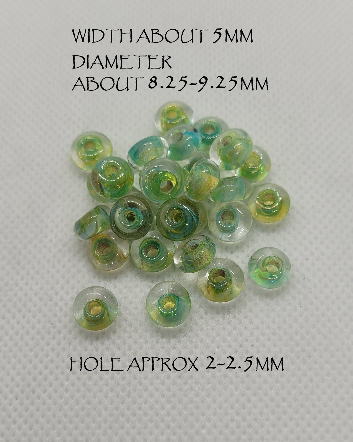 5 pcs Unique Lampwork Glass Beads, Handmade Spring Green, Size approx. Diam 8.25-9.25mm, Width 5mm, Large Hole 2-2.5mm, Durable