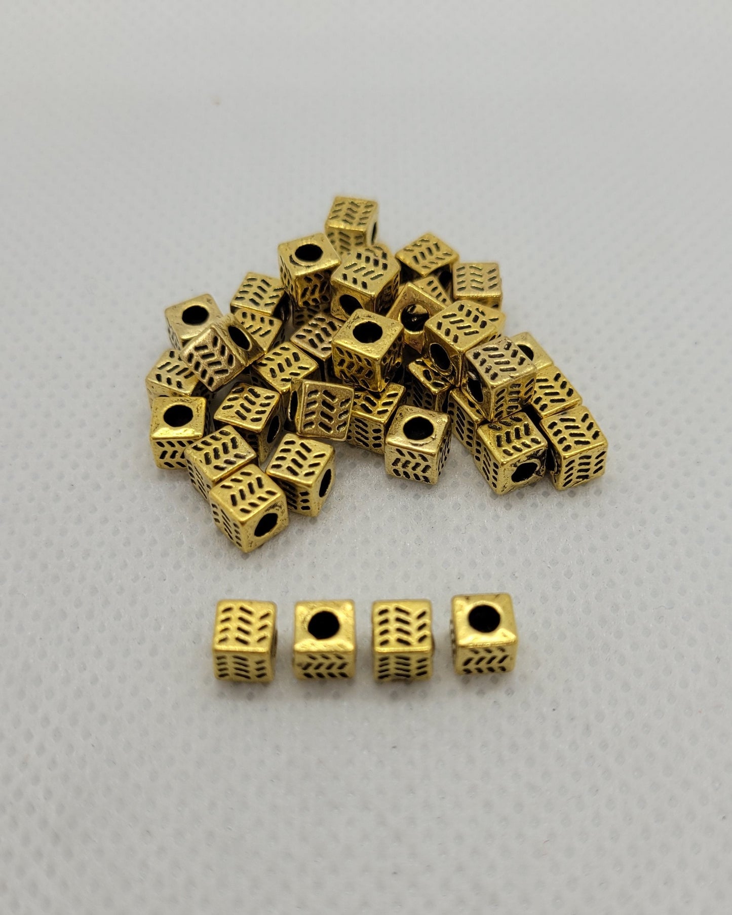 20 pieces Golden Cube Spacer Bead, Etched, Tibetan Style Alloy, Antique Golden, Lead, Cadmium, Nickel Free, 4.5x4.5x4.5mm, Hole 2.5mm