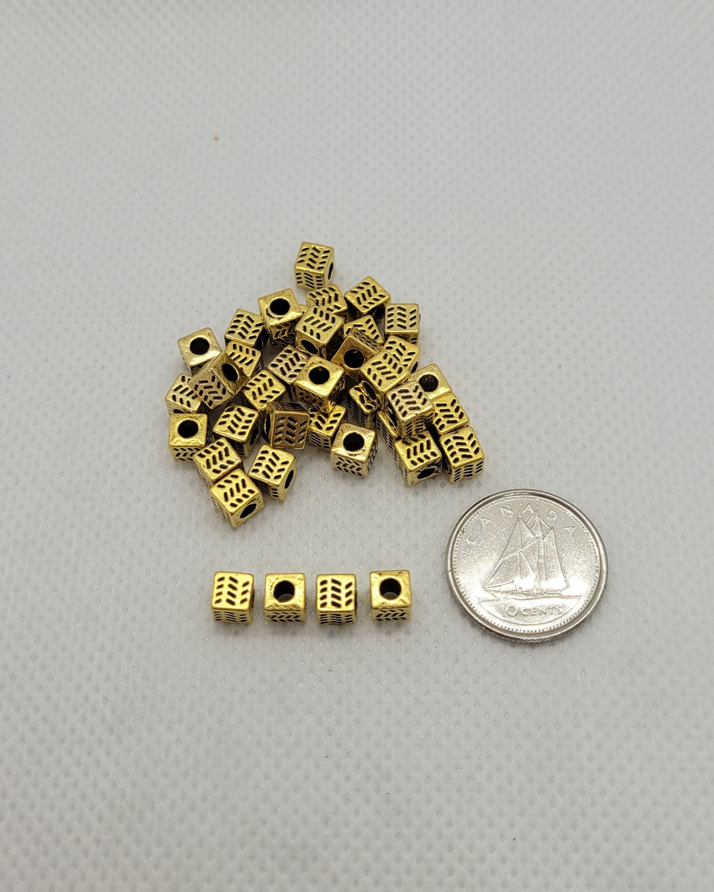 20 pieces Golden Cube Spacer Bead, Etched, Tibetan Style Alloy, Antique Golden, Lead, Cadmium, Nickel Free, 4.5x4.5x4.5mm, Hole 2.5mm