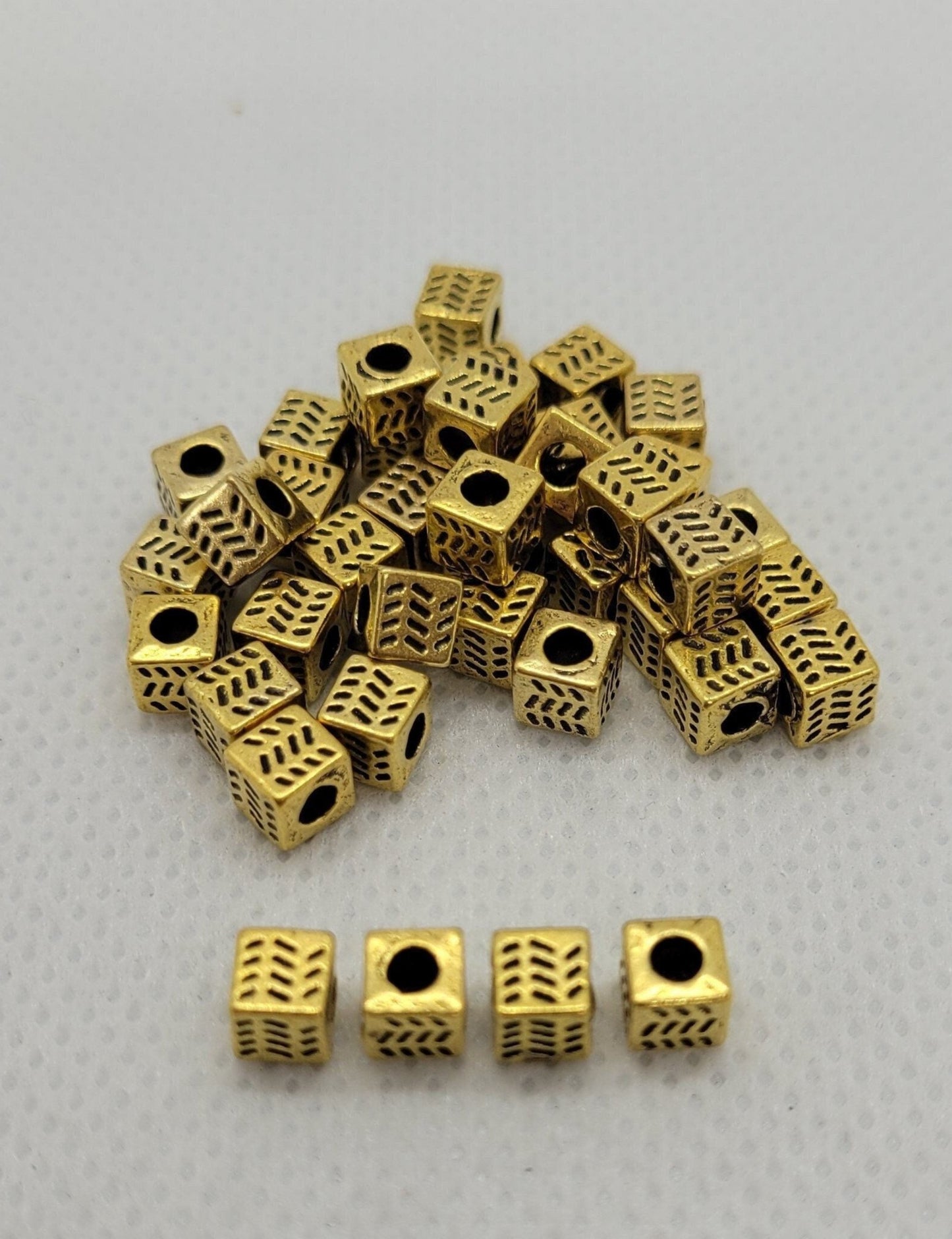 20 pieces Golden Cube Spacer Bead, Etched, Tibetan Style Alloy, Antique Golden, Lead, Cadmium, Nickel Free, 4.5x4.5x4.5mm, Hole 2.5mm