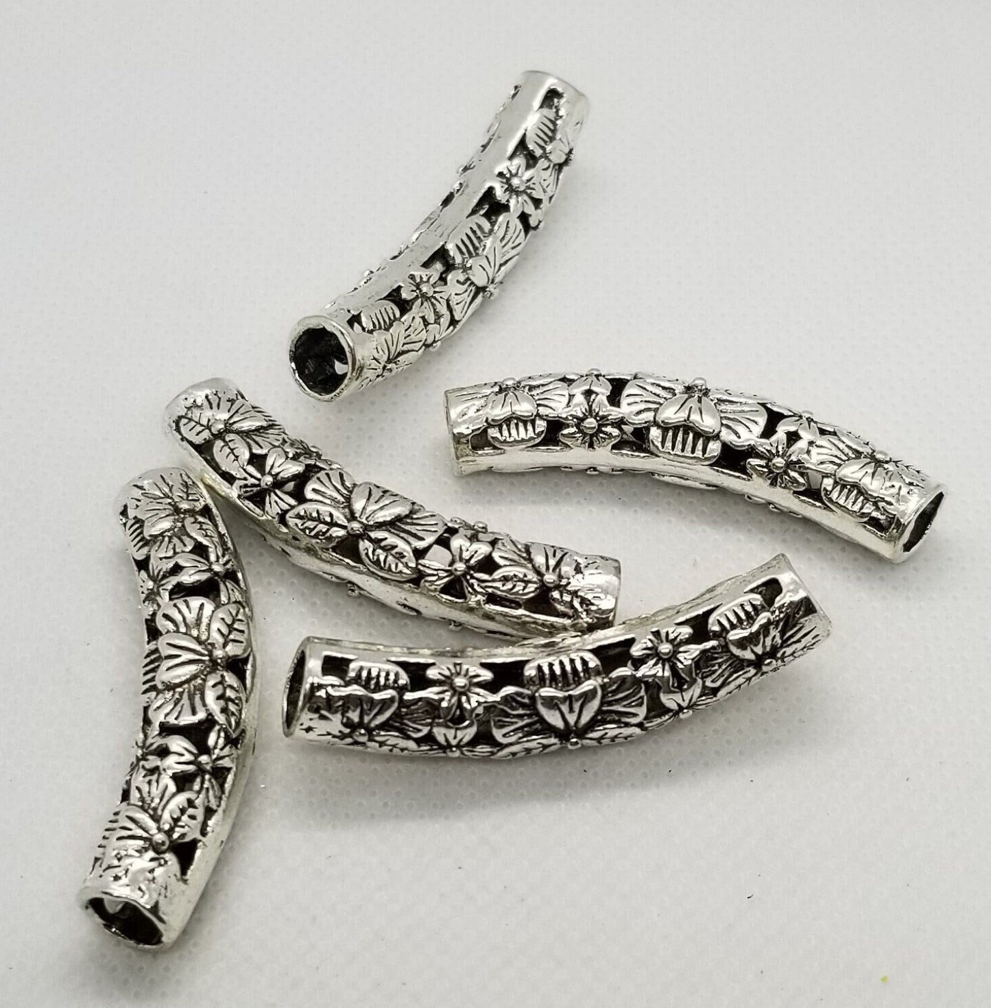 2 pieces Silver Curved Tube Beads, Open Metalwork, Curved Column with Flowers, Cadmium & Lead Free, 48x9x10mm, Large Hole 6.5mm
