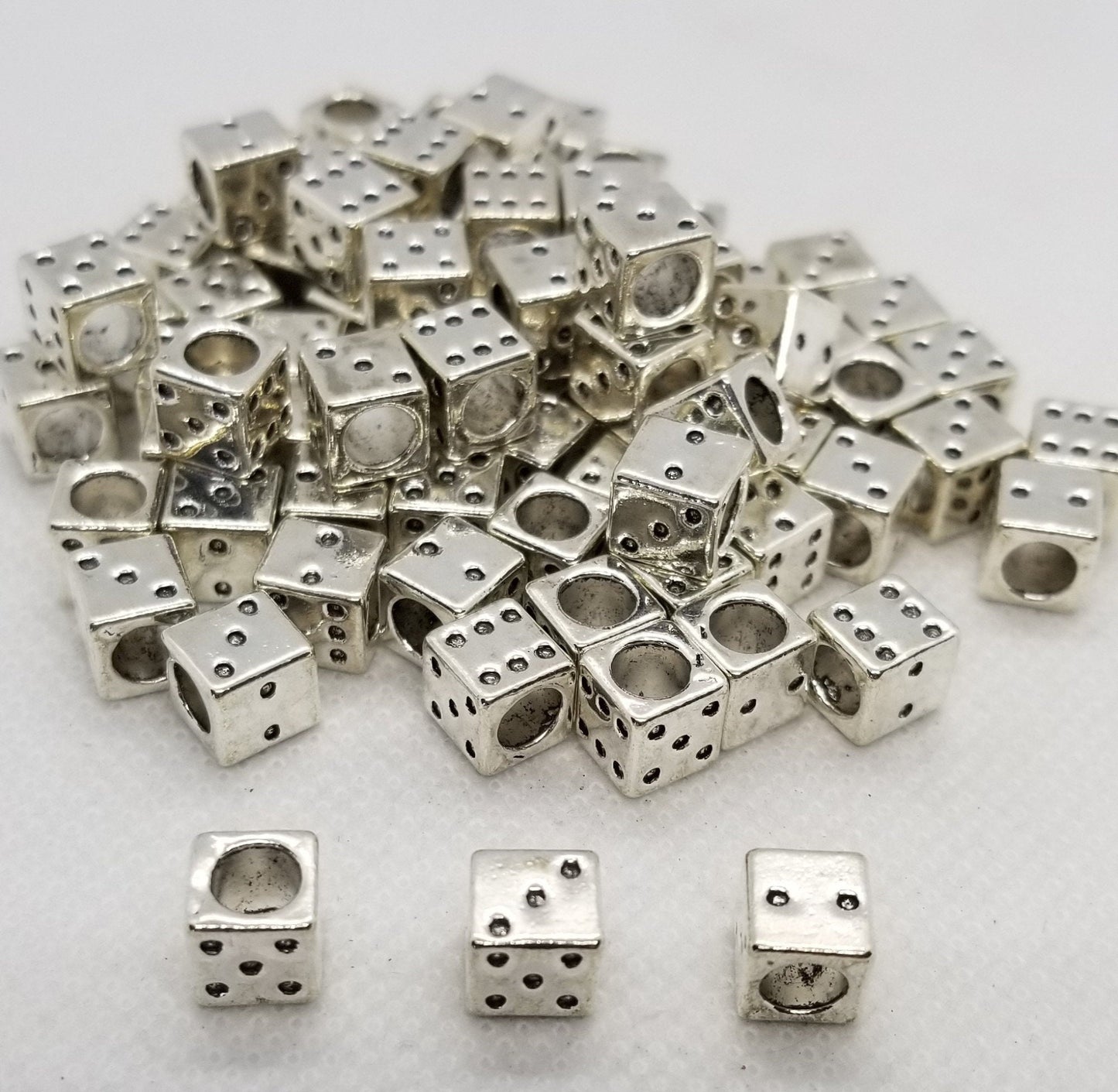 10 pieces Large Hole Silver Dice, Tibetan Style Alloy Beads, Lucky Dice, Cadmium, Lead Free, Antique Silver, 7.5x7x7mm, Hole 5mm