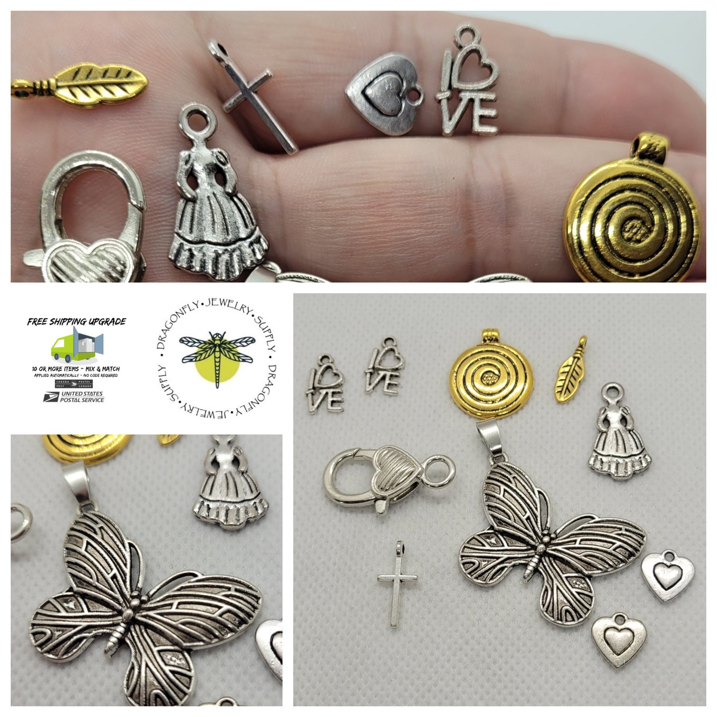 10 pcs Charms, Pendants and Findings, Miscellaneous Grab Bag, Antique Silver and Gold, Optional Jump Rings available, only 1 set available