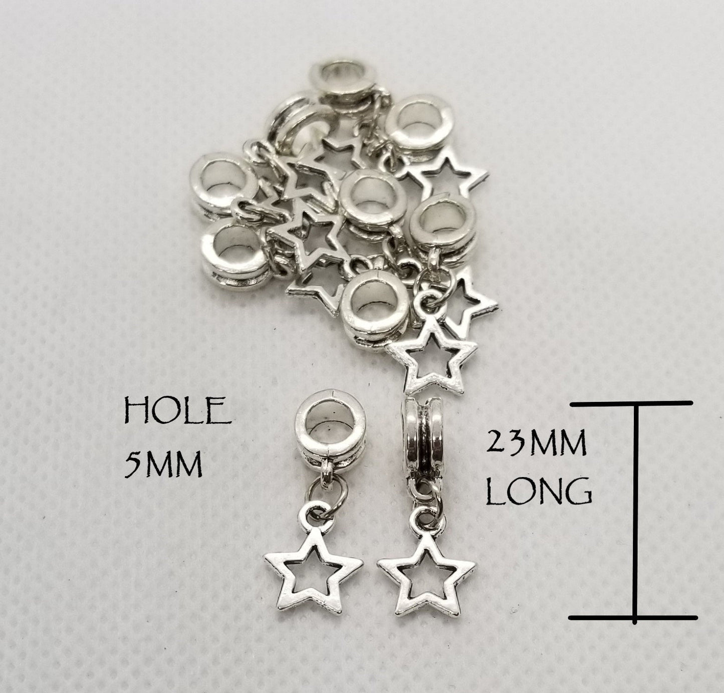 5 pieces Silver Star Charm, European Dangle Charms, Superstar Charm, Hollow Star, Antique Silver, 23mm long, Hole: 5mm