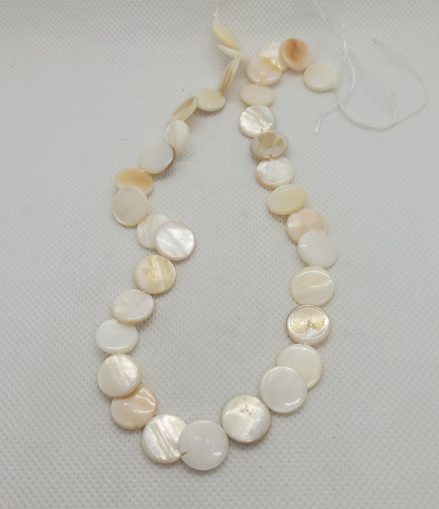 Natural Mother of Pearl Shell Spacer Discs, 1 strand, Polished, 12-13mm diameter, 2-4mm thick, Hole ~1mm, about 30 per strand
