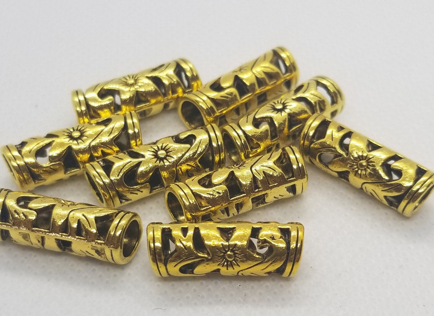 5 pcs Antique Gold Hollow Tube Beads, Open Metalwork, Flower, Lead, Cadmium, Nickel Free, 23x8mm, large hole 5mm, dread lock beard beads