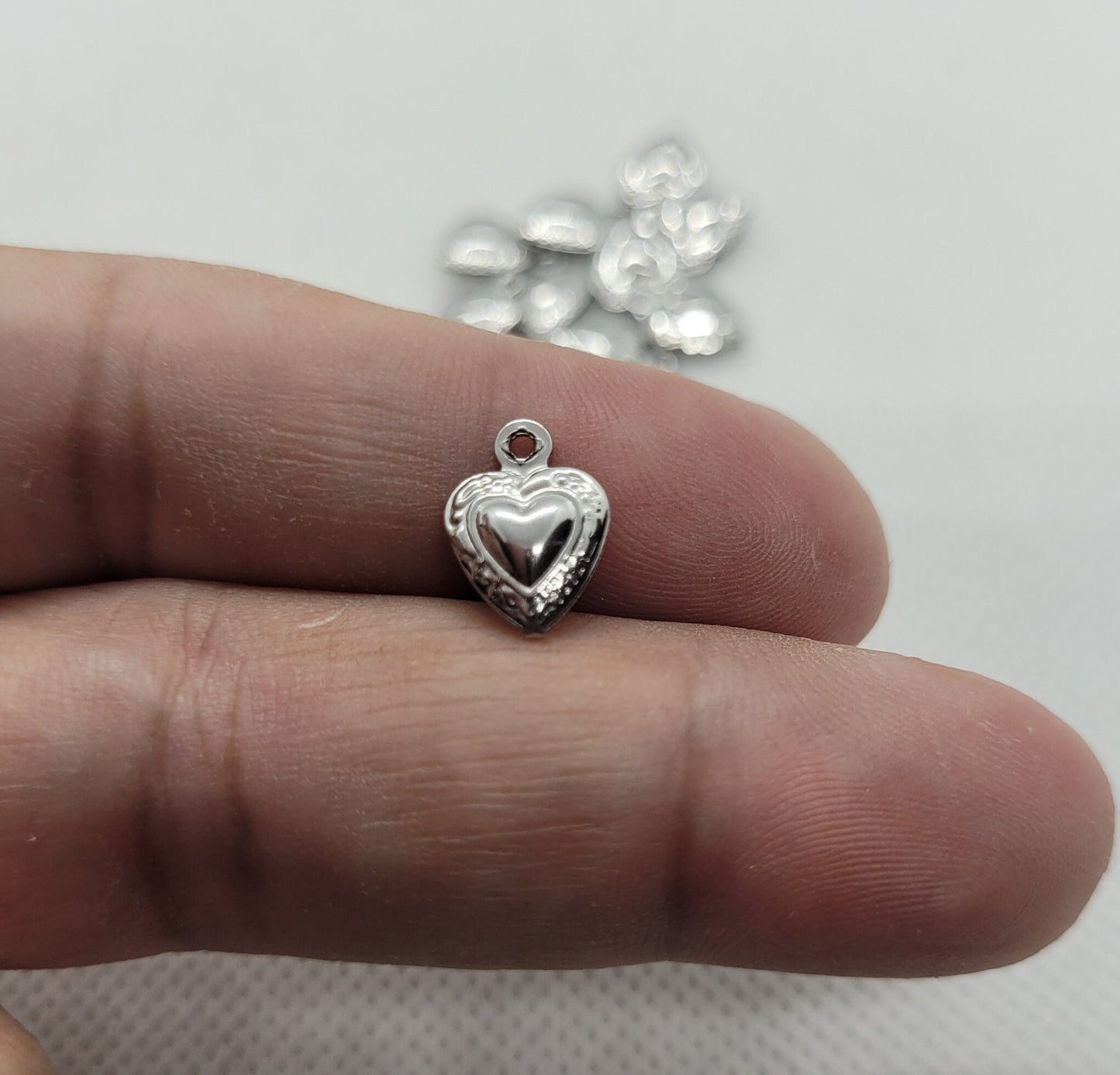 Silver Heart Charms, 304 Stainless Steel, 10 pcs, Hollow Design, 12x9x3mm, Hole 1mm, Very lightweight, Puffy Heart pendant, Jewelry Supplies
