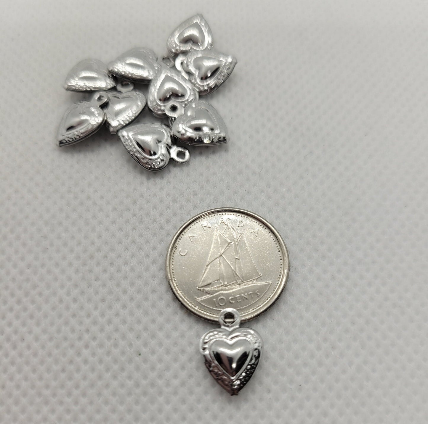 Silver Heart Charms, 304 Stainless Steel, 10 pcs, Hollow Design, 12x9x3mm, Hole 1mm, Very lightweight, Puffy Heart pendant, Jewelry Supplies