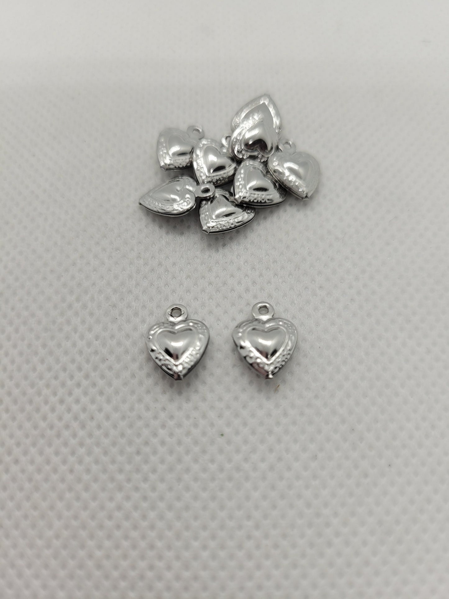Silver Heart Charms, 304 Stainless Steel, 10 pcs, Hollow Design, 12x9x3mm, Hole 1mm, Very lightweight, Puffy Heart pendant, Jewelry Supplies