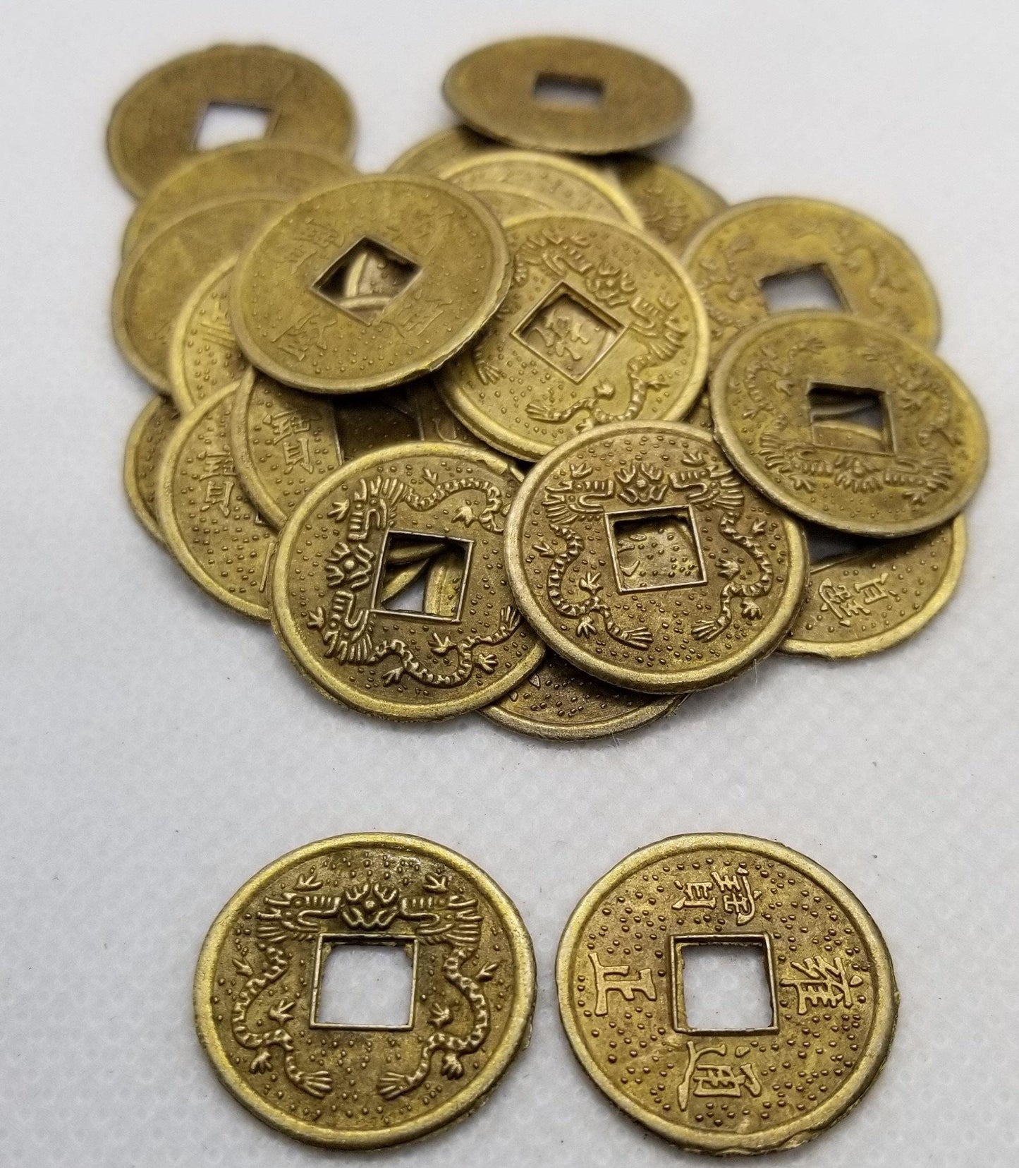 Lucky Chinese I Ching Coins, Feng Shui, 10 pcs, Antique Bronze matte finish, Chinese Characters and Chinese Dragons, 20x2mm, Hole 5mm
