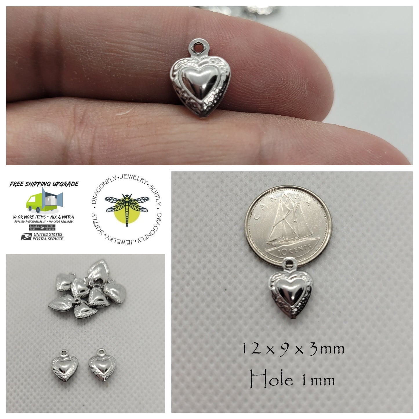 Silver Heart Charms, 304 Stainless Steel, 10 pcs, Hollow Design, 12x9x3mm, Hole 1mm, Very lightweight, Puffy Heart pendant, Jewelry Supplies
