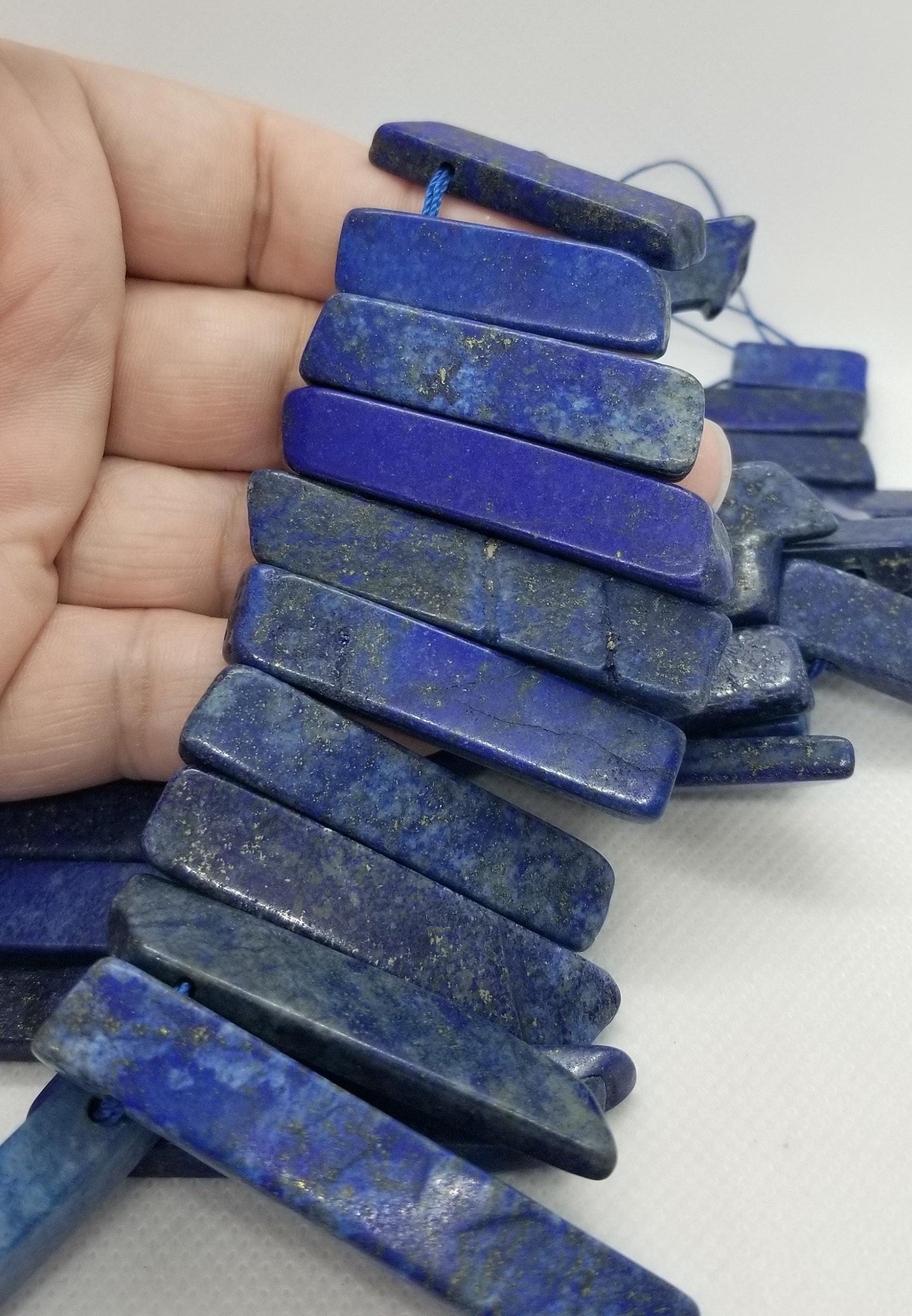 4 pieces Natural Lapis Lazuli Crystal Points, Dyed, Top Drilled, Semi-Matte, Semi-Polished, Rough Polish, 20~65x7~15x6~10mm, Hole 2mm