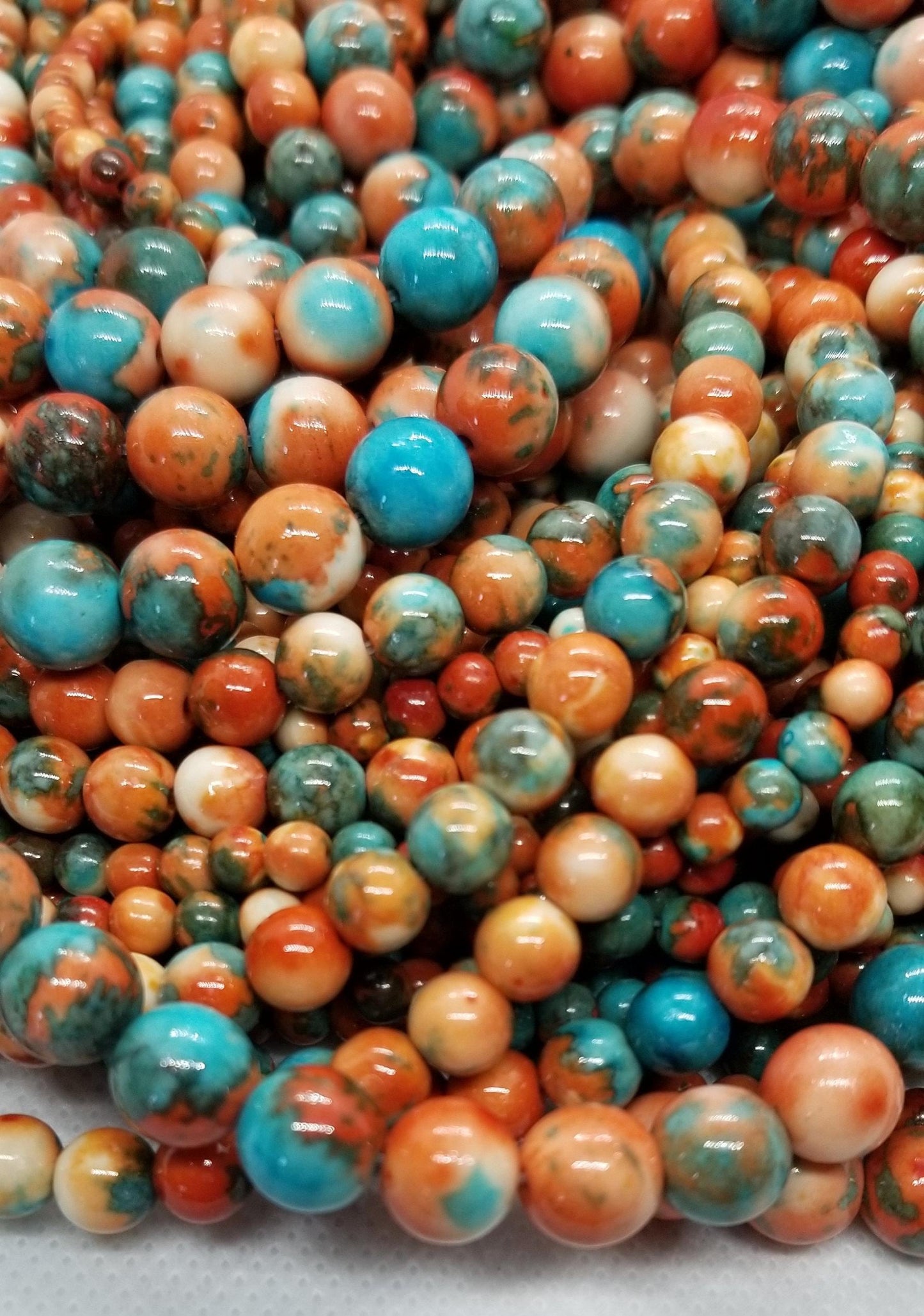 1 strand Ocean White Jade Beads, Dyed Turquoise and Rust, Round, Polished, 4-6-8mm, Hole 1mm, 15.5 inch full strand, See description