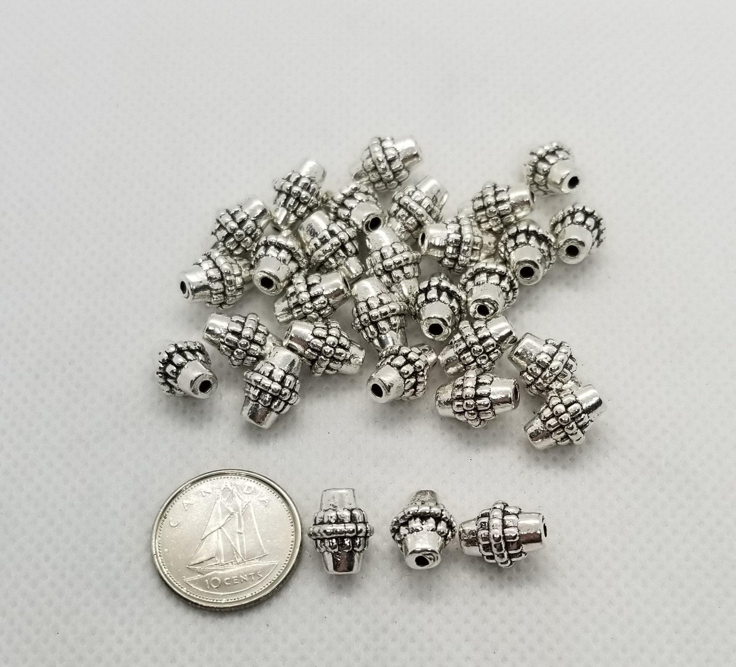 10 pieces Silver Bicone Spacer Bead, Tibetan Silver Beads, Lead, Nickel Free, Antique Silver, 10mm long x 8mm diameter, Hole: 2mm