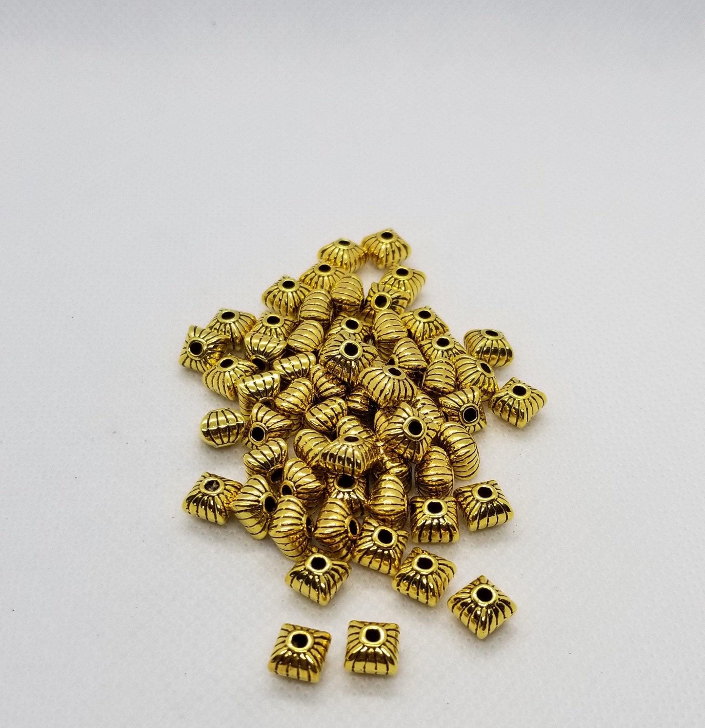 10 pieces Golden Puffed Square Spacer Beads, Tibetan Style Alloy, Lead, Cadmium Free, Antique Golden, 7x7x6.5mm, Hole 1mm