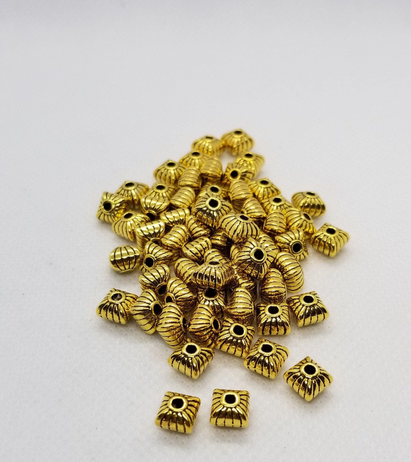 10 pieces Golden Puffed Square Spacer Beads, Tibetan Style Alloy, Lead, Cadmium Free, Antique Golden, 7x7x6.5mm, Hole 1mm