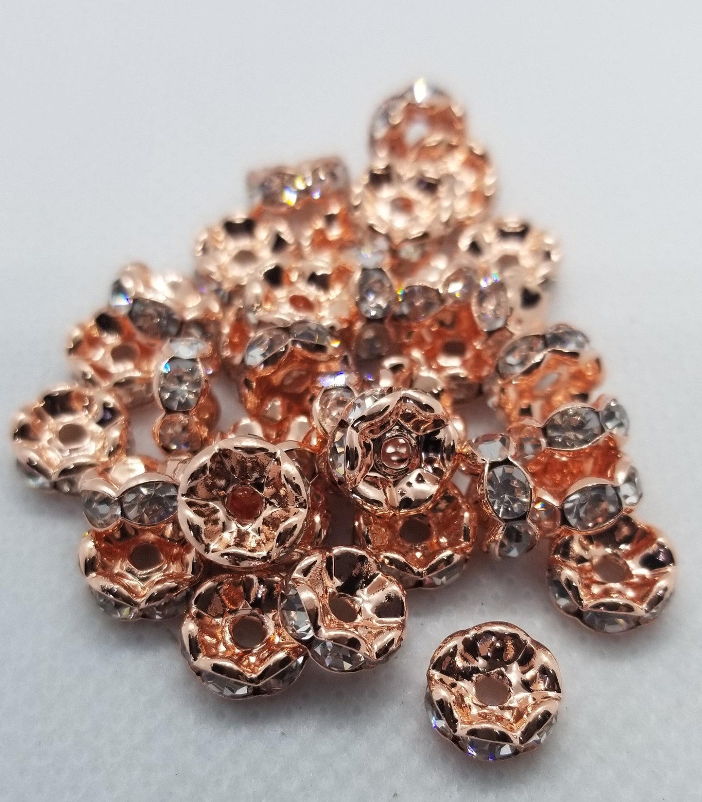 10 pieces Rose Gold Rhinestone Spacers, Grade AAA, Wavy Edge, Nickel Free, Rondelle, Clear Crystal, 8x3.8mm, Hole: 1.5mm